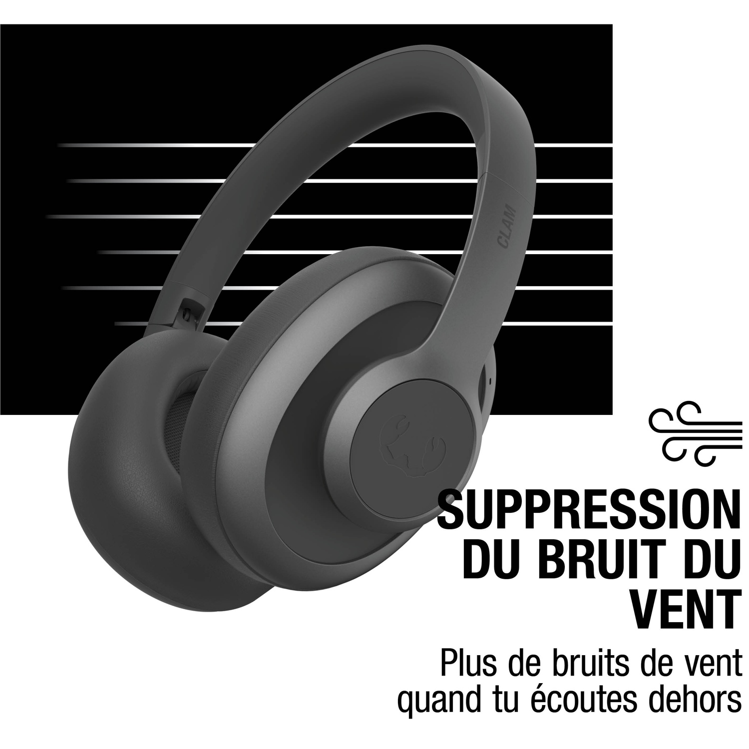 Casque gris avec suppression du bruit du vent, sur fond noir.