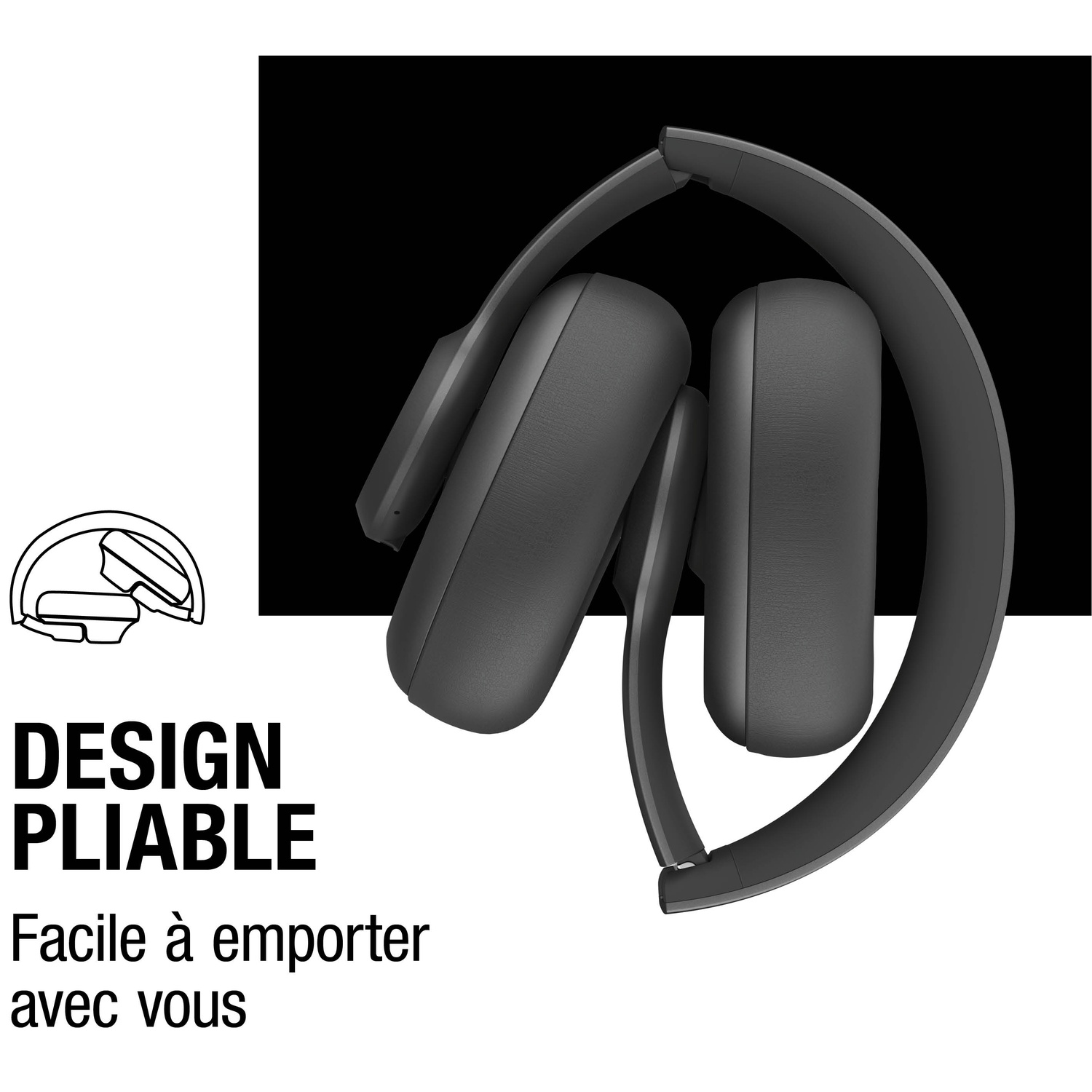 Casque noir pliable sur fond blanc et noir.