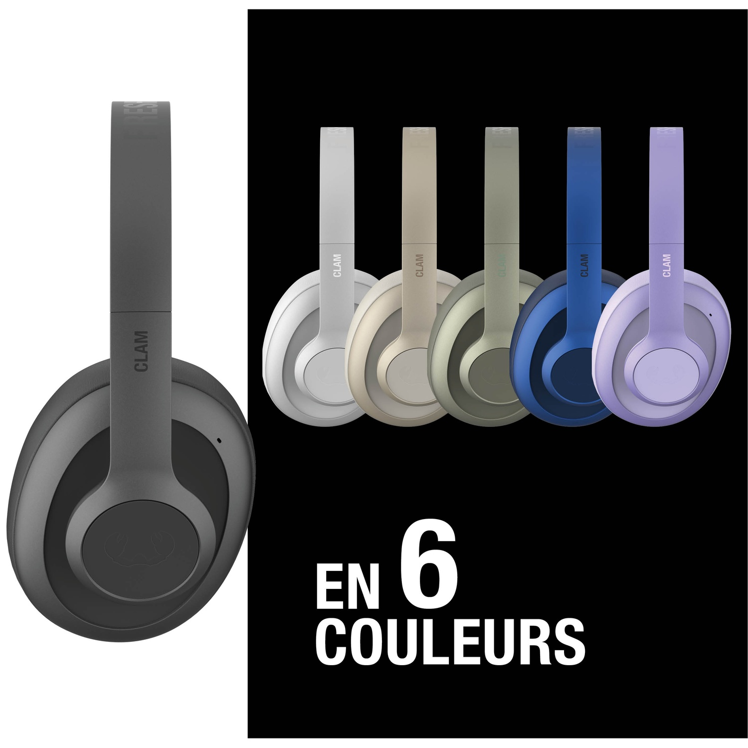 Casque audio gris, blanc, beige, kaki, bleu et violet. Texte: EN 6 COULEURS.
