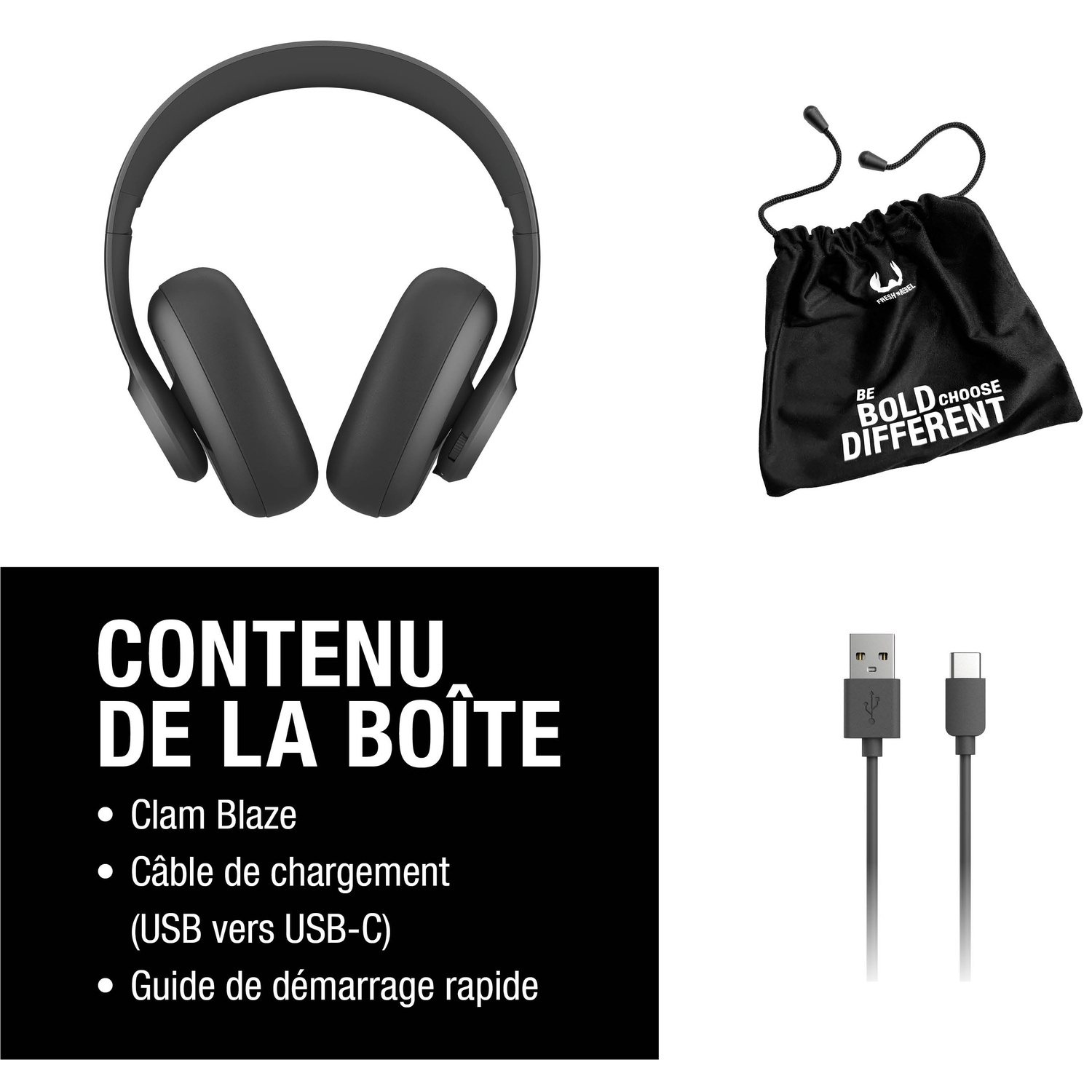 Casque noir, pochette, câble de chargement et guide de démarrage.
