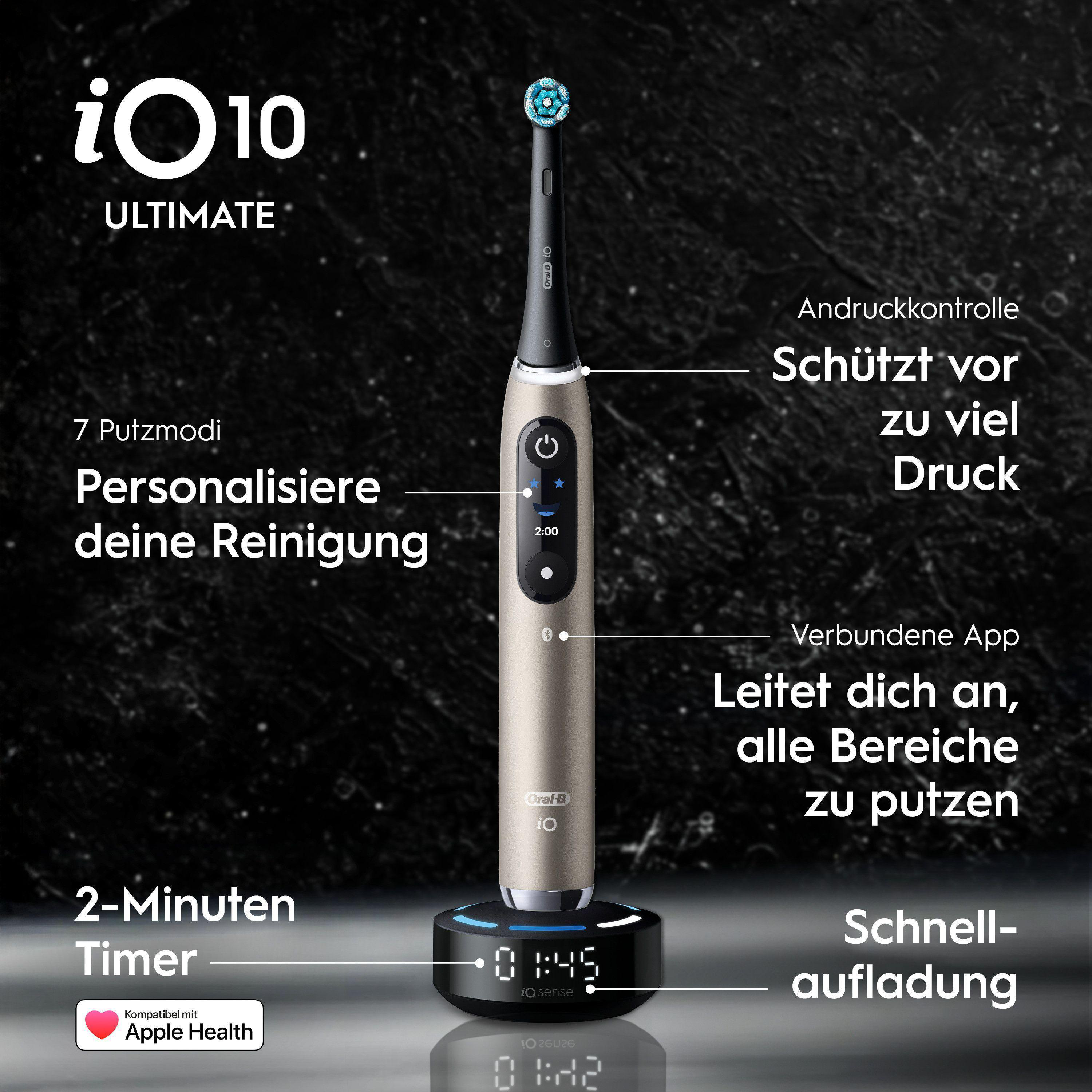 Goldene Oral-B iO 10 Zahnbürste mit Ladestation und Display. Funktionen: 7 Modi, Timer, App.
