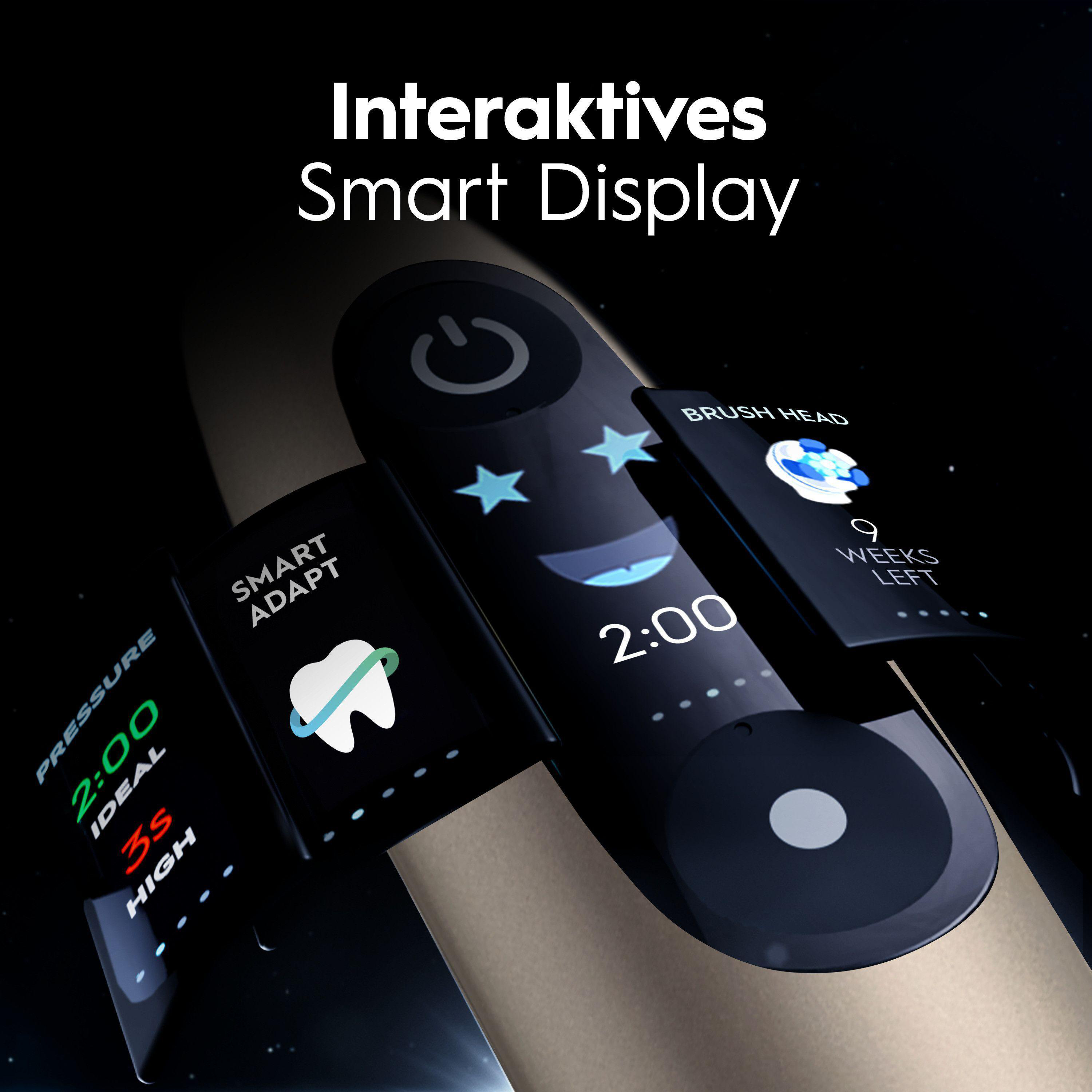 Interaktives Smart Display mit Zahnsymbol, Timer und Akkuanzeige.