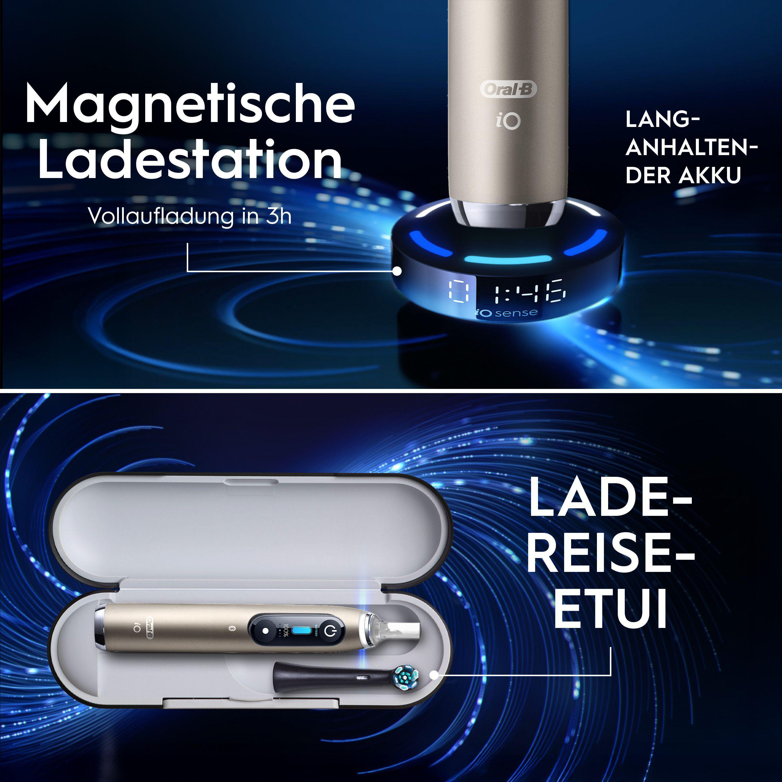 Elektrische Zahnbürste mit Ladestation und Reiseetui in Gold.