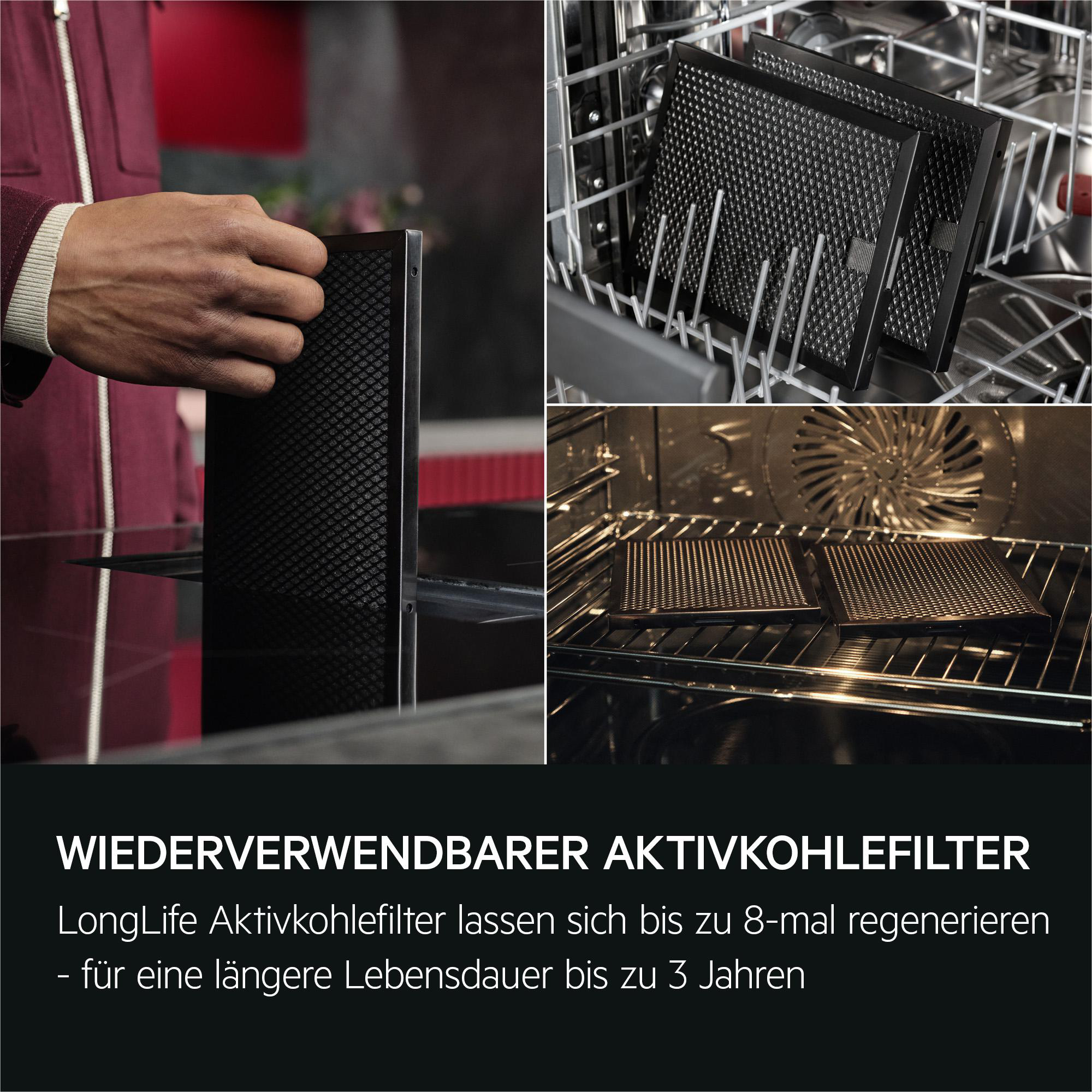 Ein Mann hält einen schwarzen Aktivkohlefilter. Filter in Spülmaschine und Ofen.