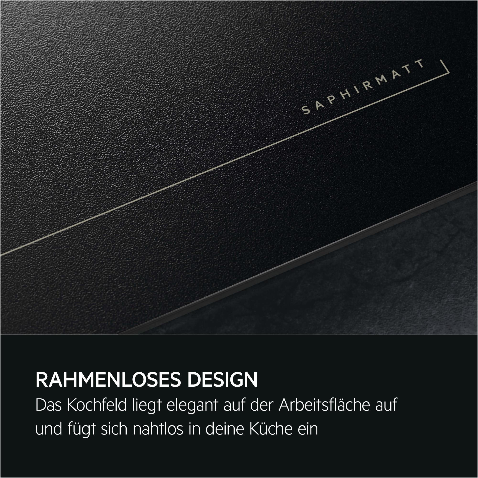 Schwarzes Kochfeld mit Schriftzug SAPHIR MATT und Text