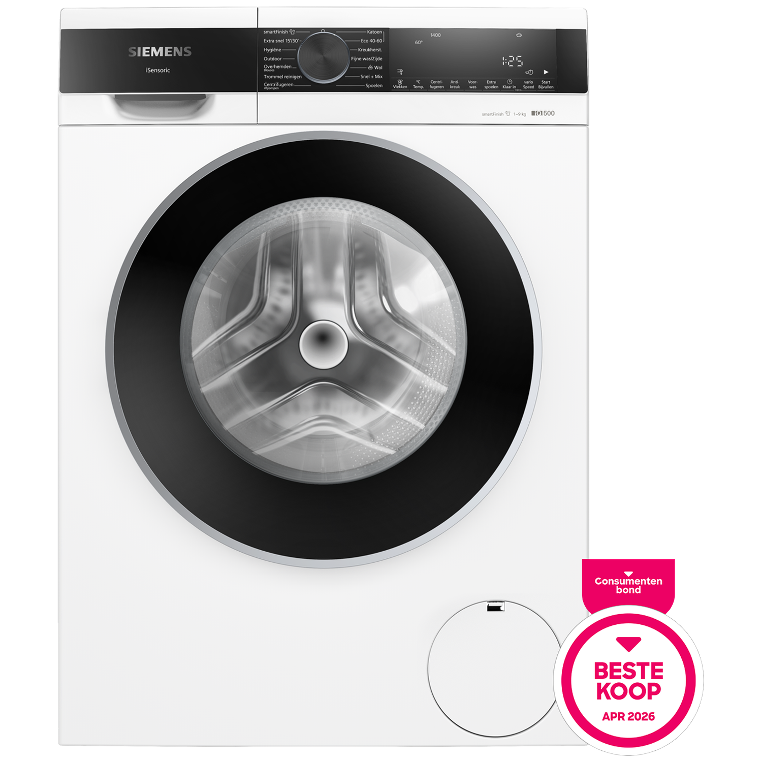 White Siemens washing machine with digital control panel and round door.