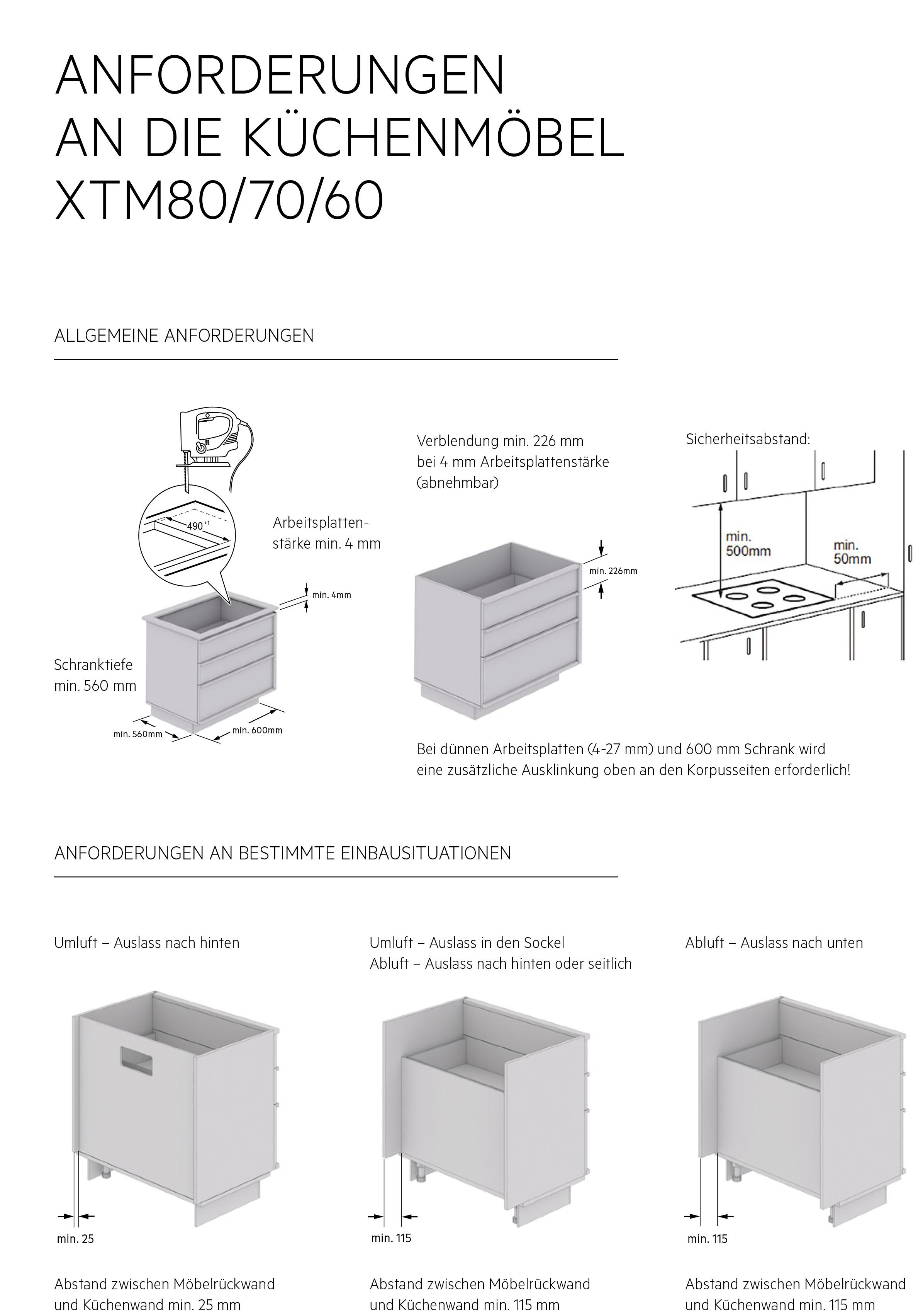Technische Zeichnungen für Küchenmöbel XTM80/70/60 mit Maßen für Schranktiefe, Arbeitsplatten und Sicherheitsabstände.