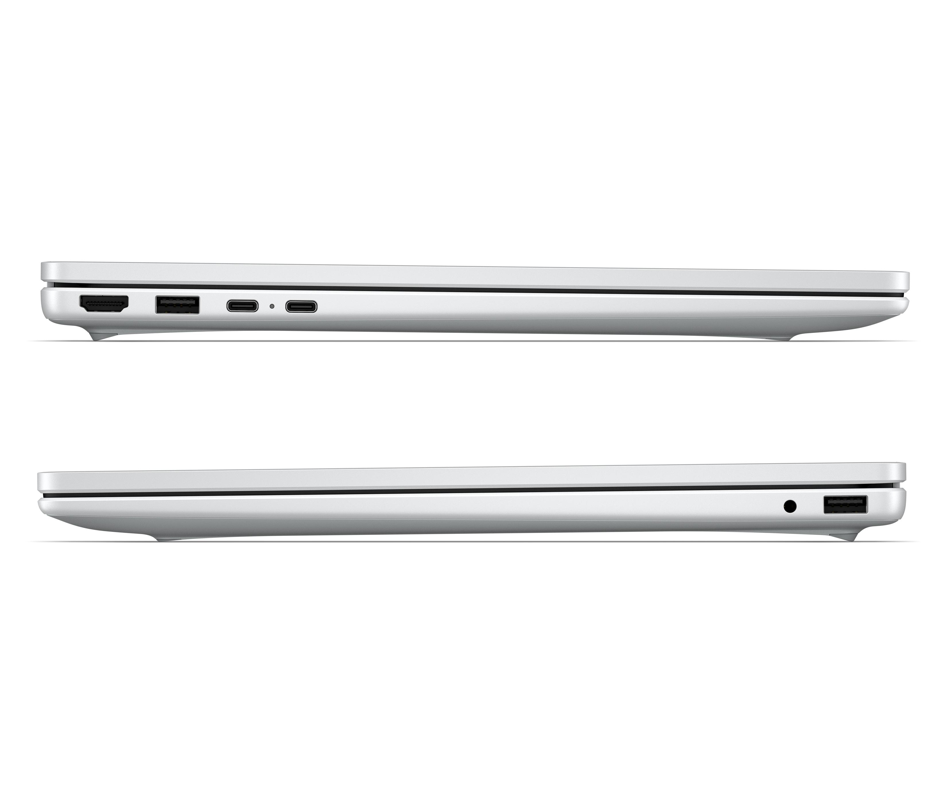 Seitenansicht eines geschlossenen silbernen Laptops mit Anschlüssen.