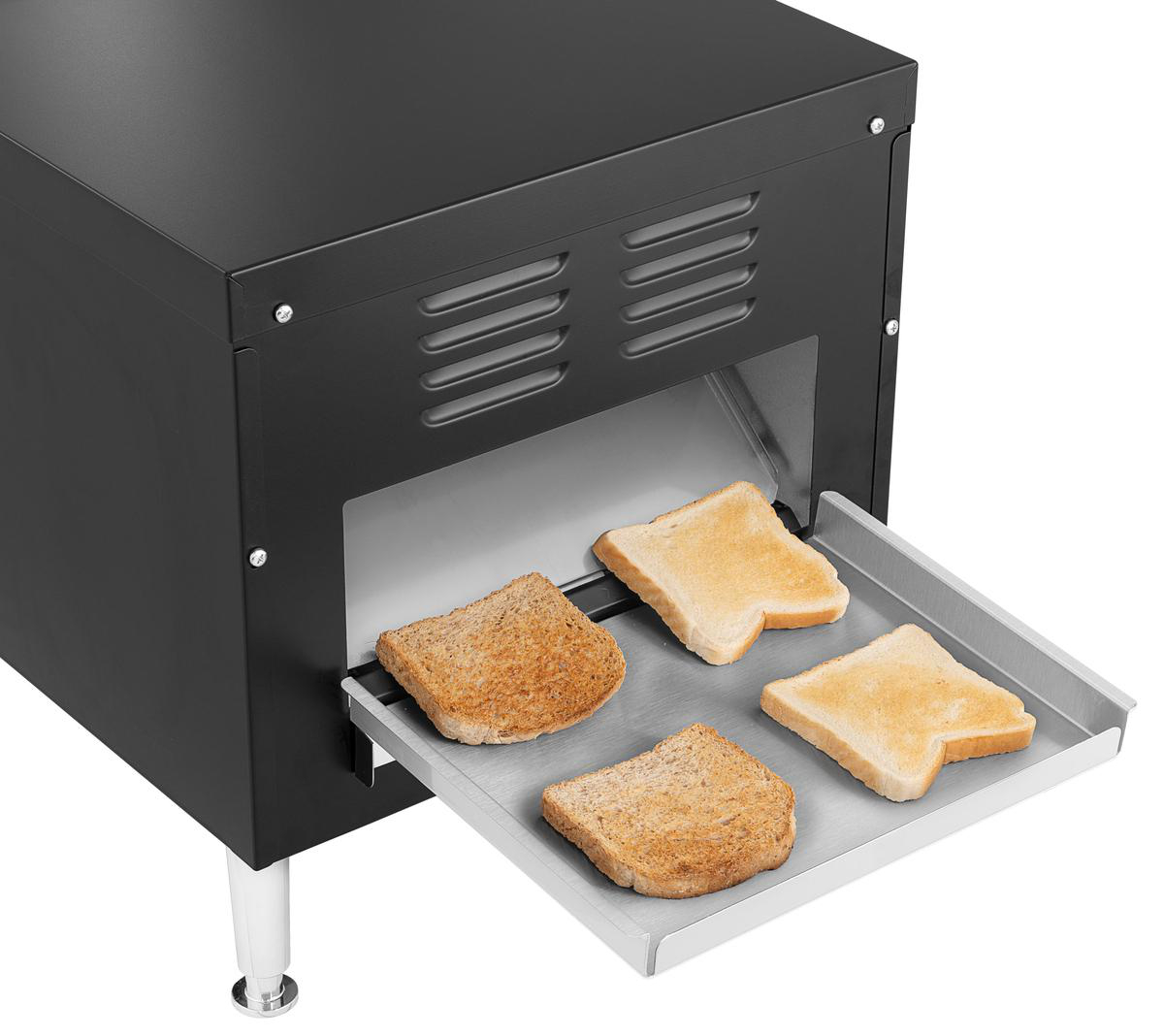 Ein schwarzer Toaster mit vier Scheiben Toast auf dem ausziehbaren Rost.