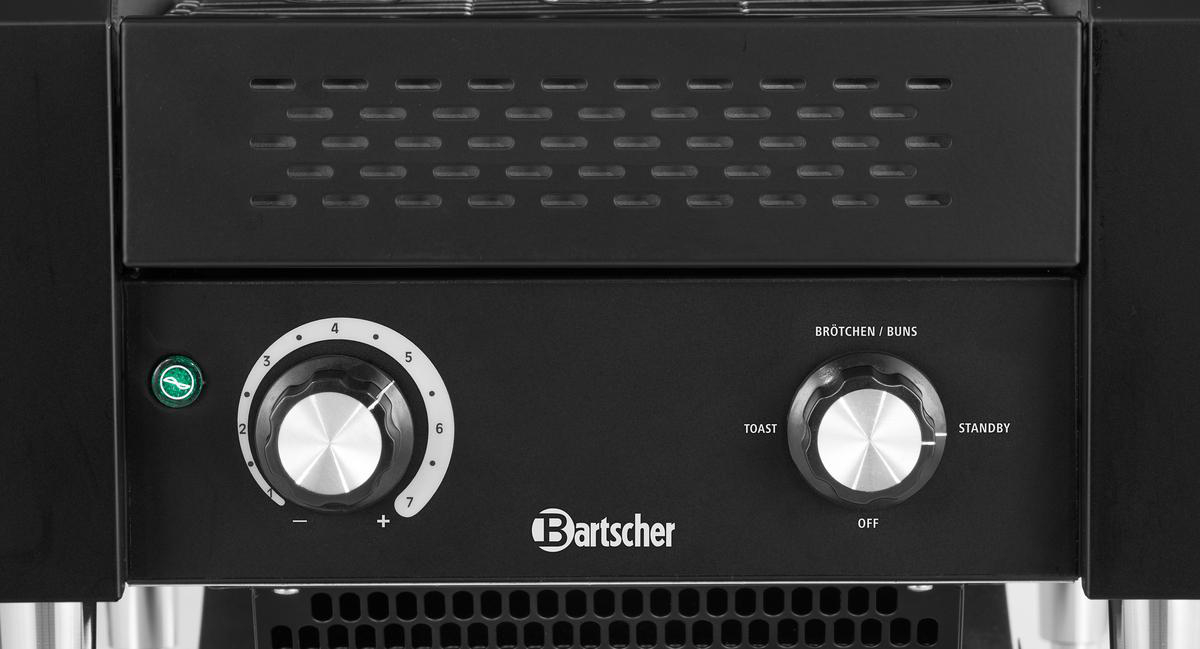Schwarzer Toaster mit zwei Drehknöpfen und einem grünen Ein-/Ausschalter.