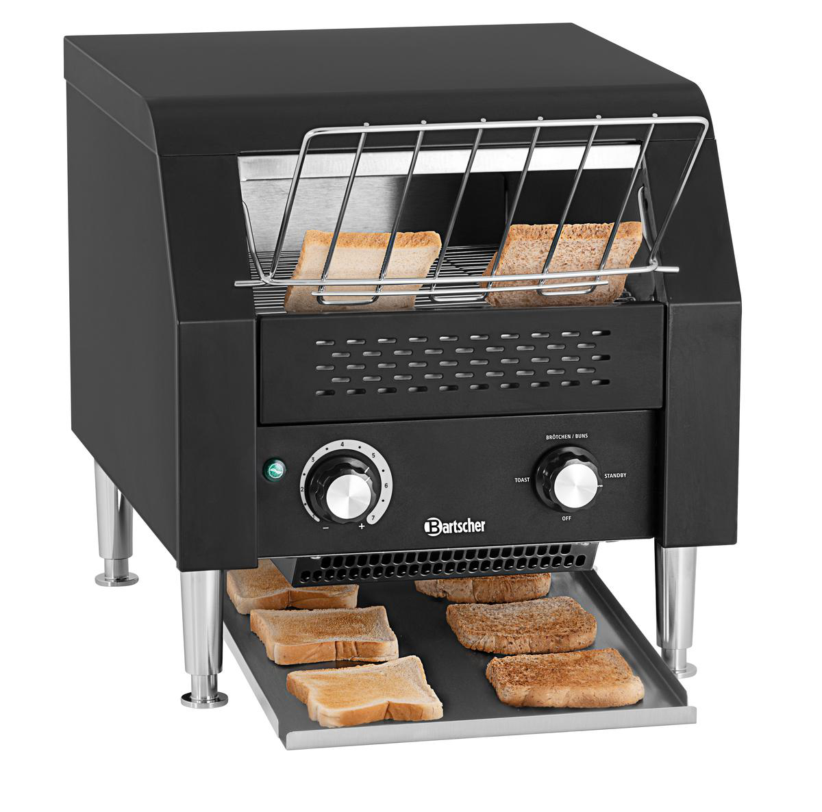 Schwarzer Toaster mit vier Toastscheiben oben und sechs unten.