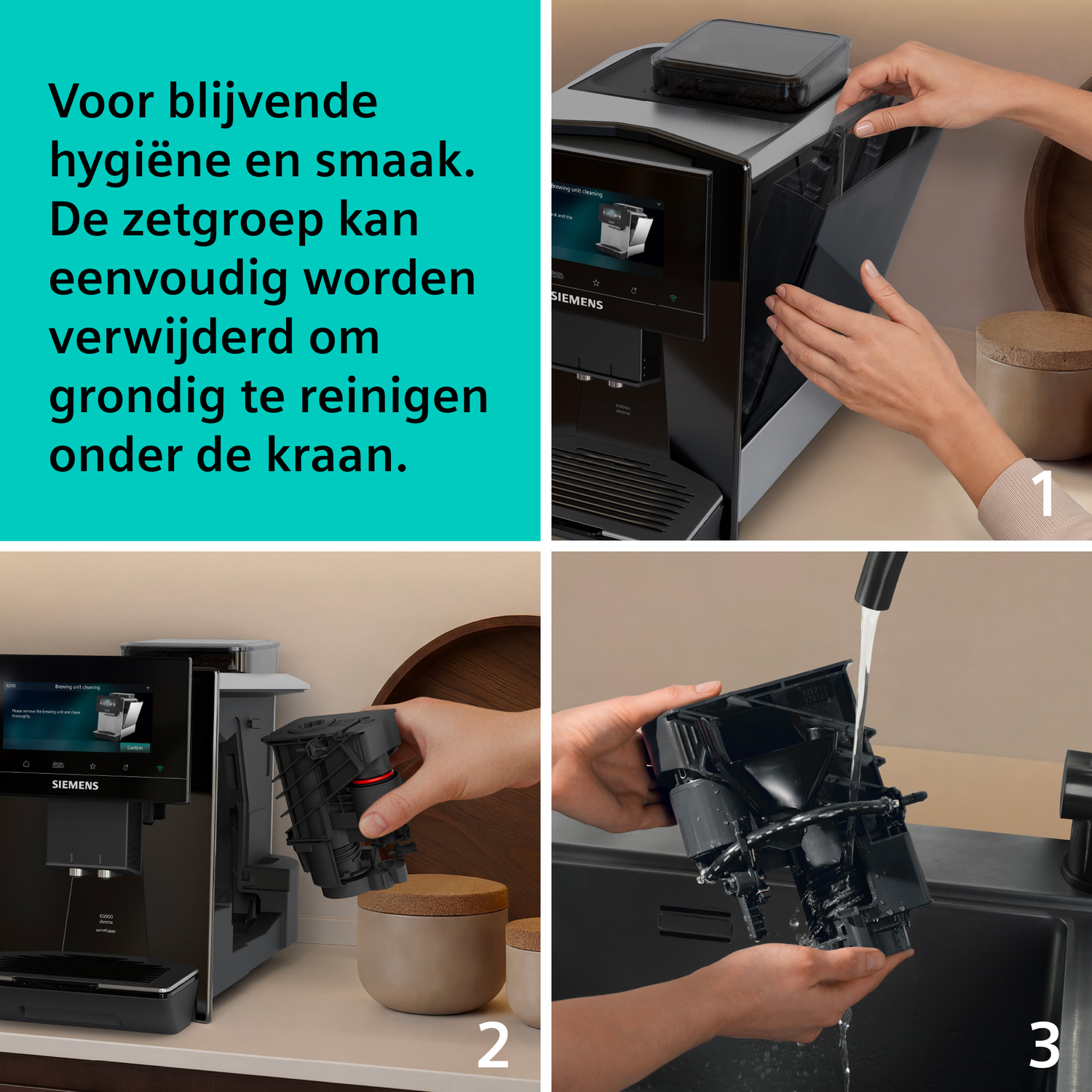 Een hand verwijdert de zetgroep van een koffiezetapparaat voor reiniging.