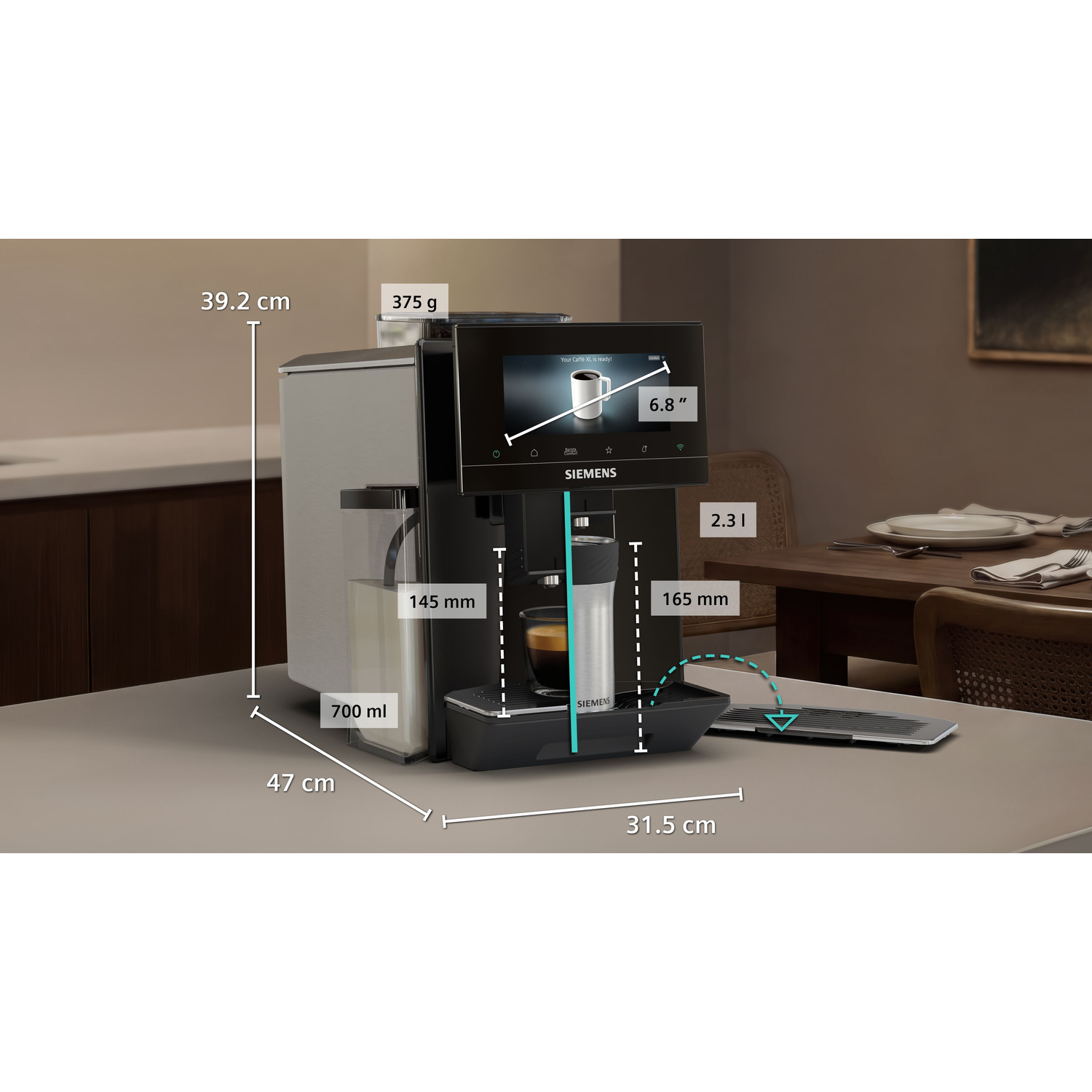 Siemens koffiezetapparaat met touchscreen, melkreservoir, 700 ml inhoud.
