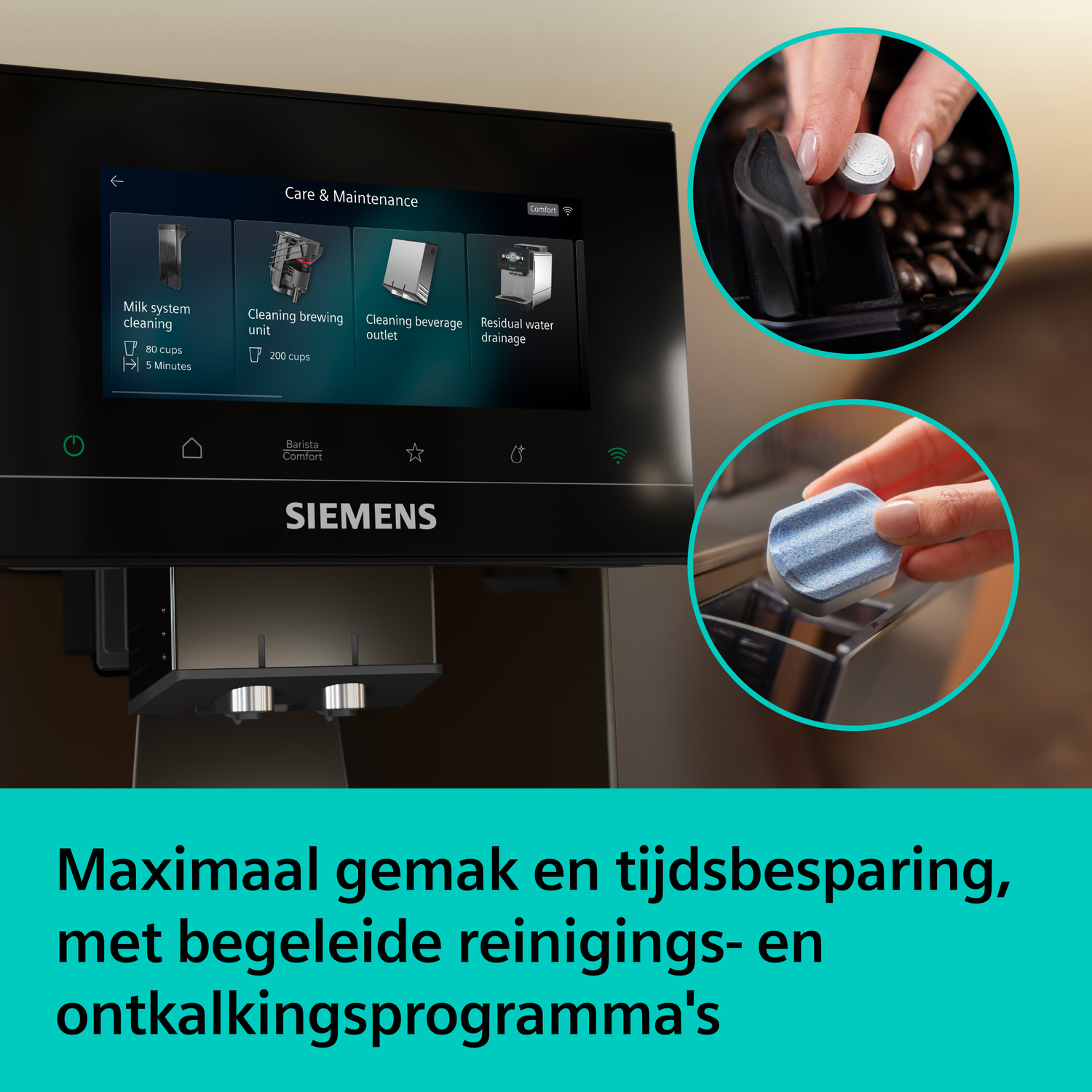 Siemens koffieapparaat met onderhoudsmenu en schoonmaakaccessoires.