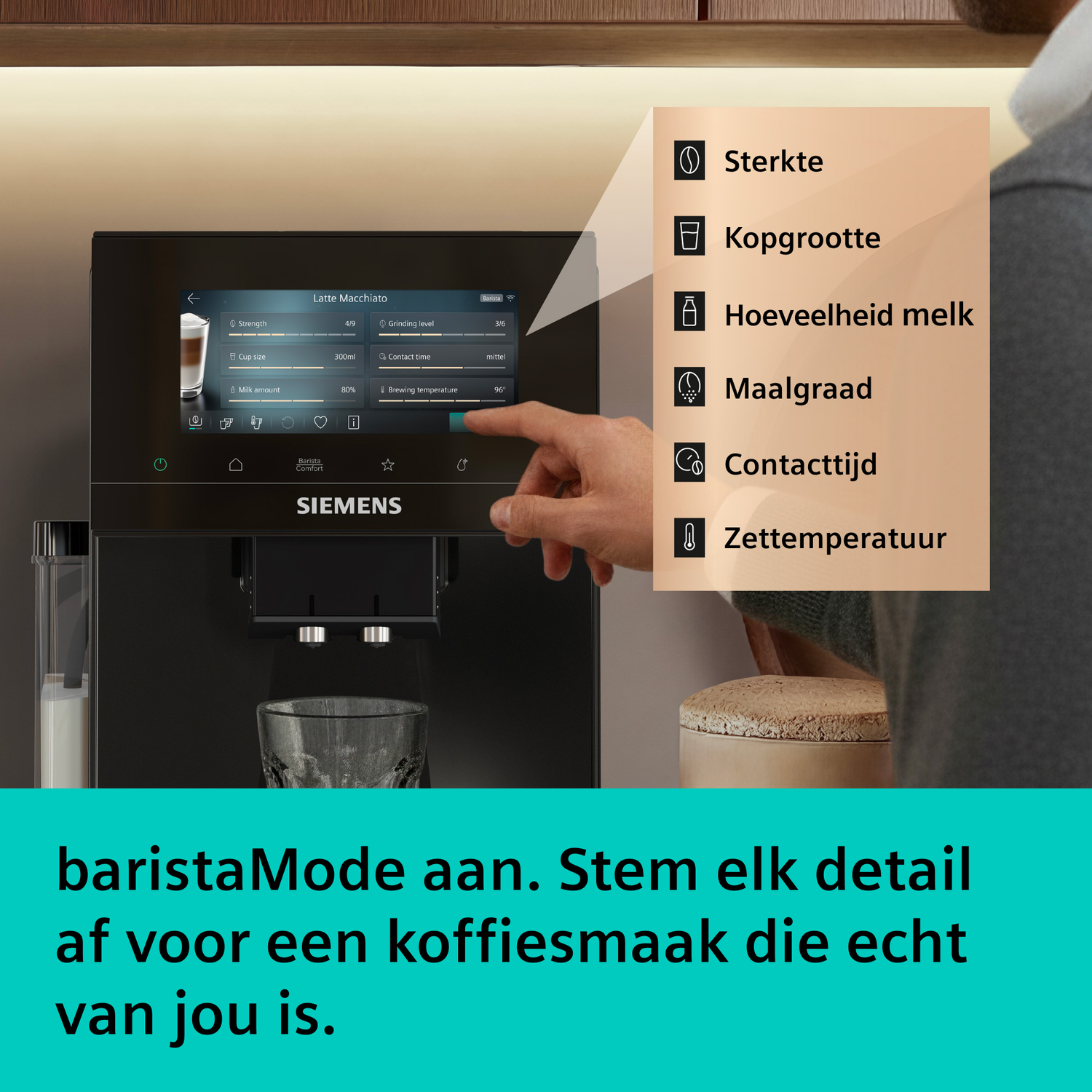 Siemens koffiezetapparaat touchscreen, gebruiker stelt Latte Macchiato in.