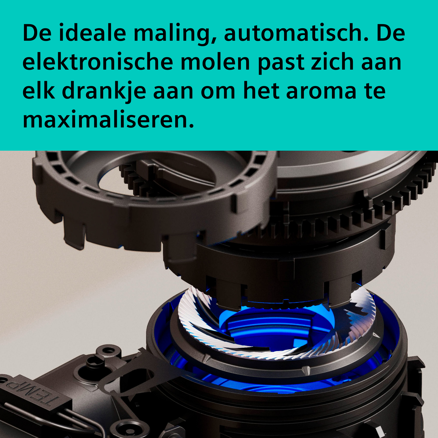 Elektronische molen met blauw licht en tandwielen.
