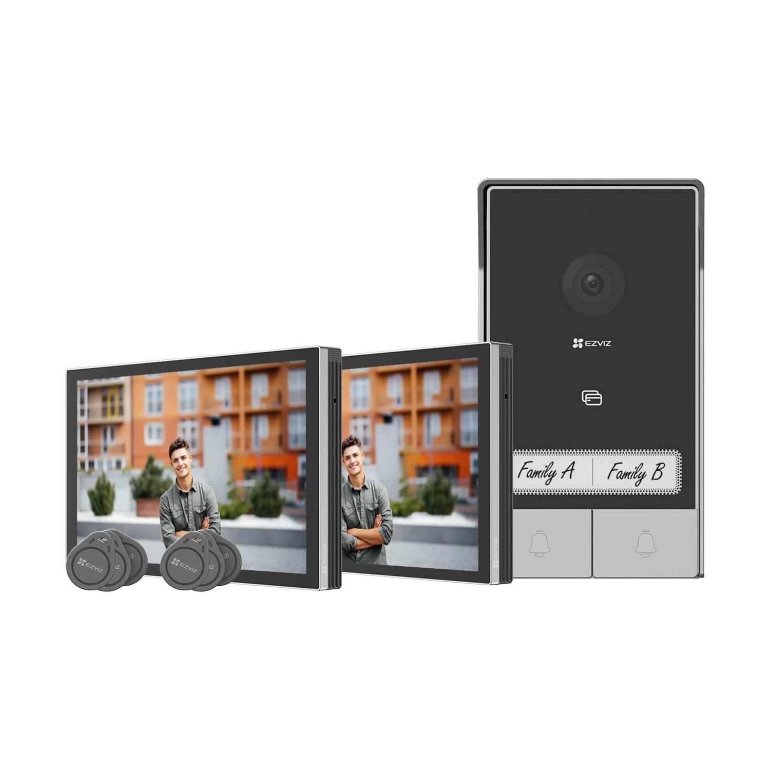 Un'unità videocitofonica nera con due monitor che mostrano un uomo.