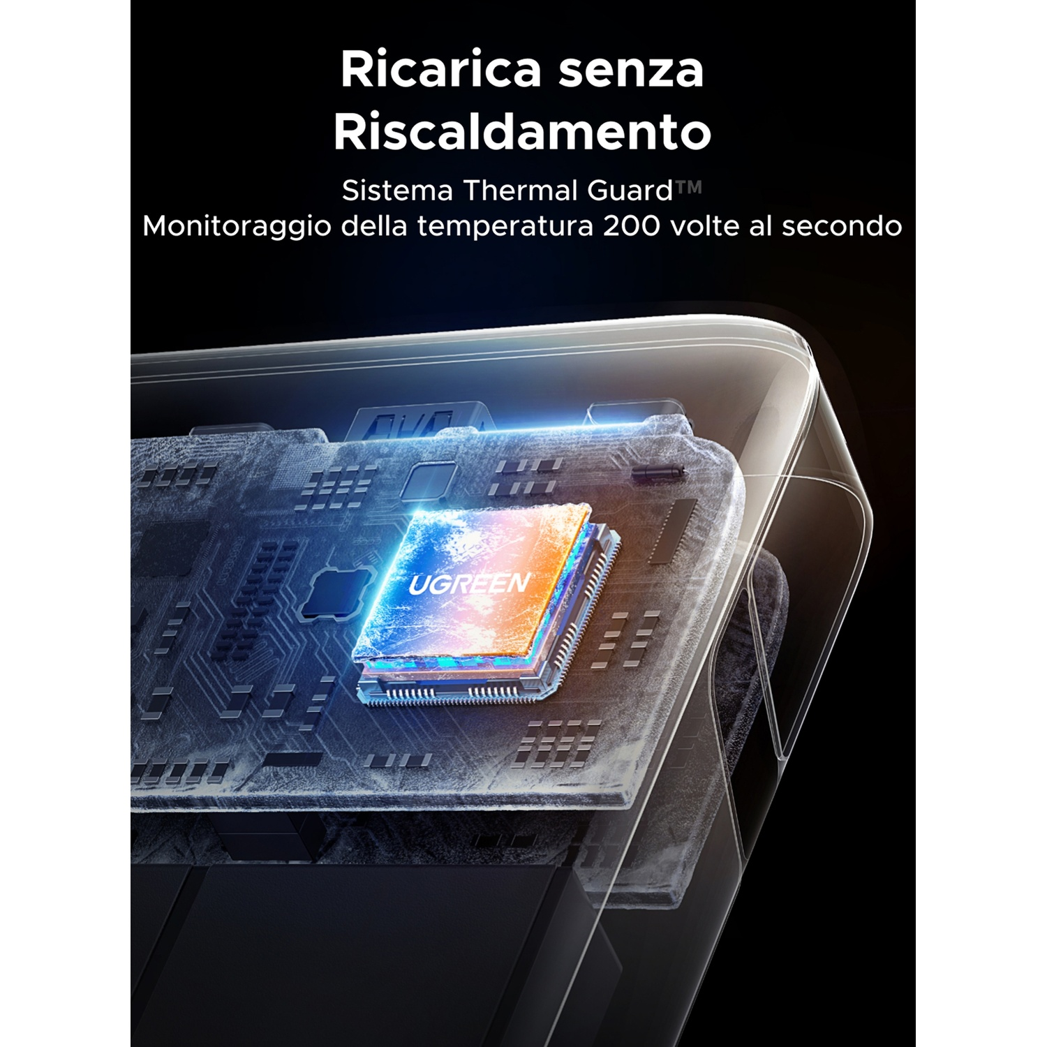 Un chip UGREEN luminoso su un circuito stampato, con testo sulla protezione dal calore.