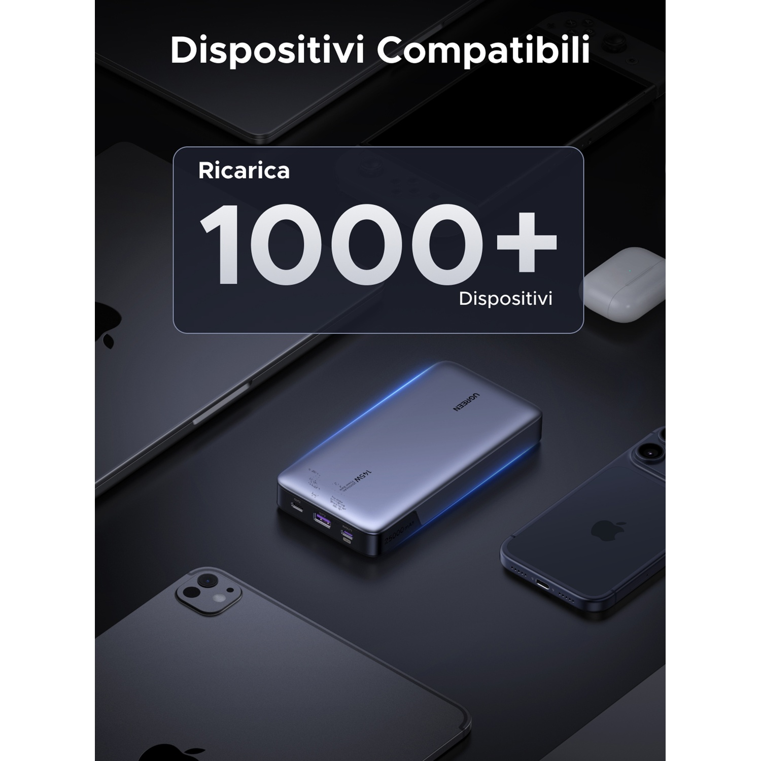 Una disposizione di power bank e dispositivi con testo su 1000+ dispositivi.