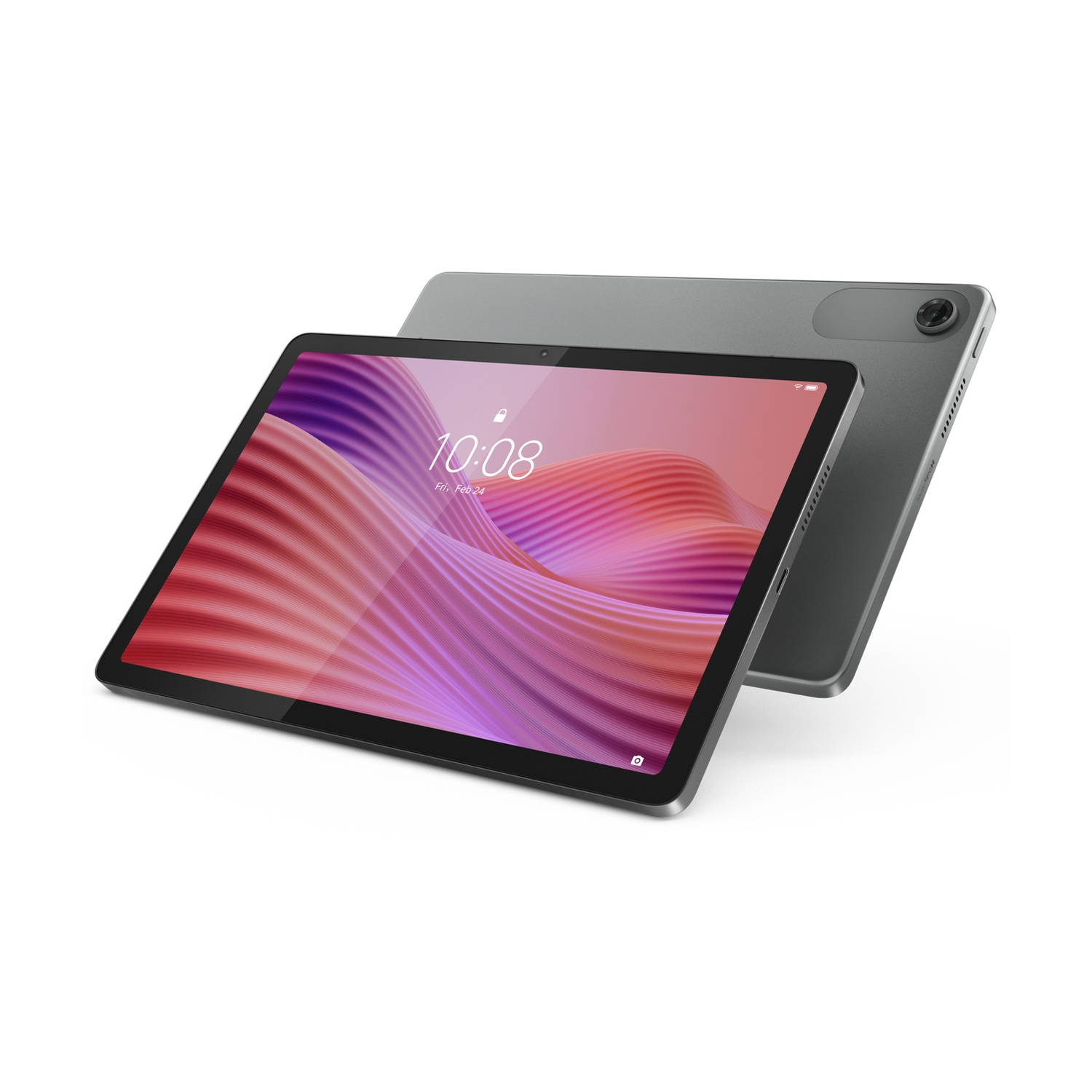 Un tablet grigio che mostra un motivo ondulato colorato sul suo schermo.