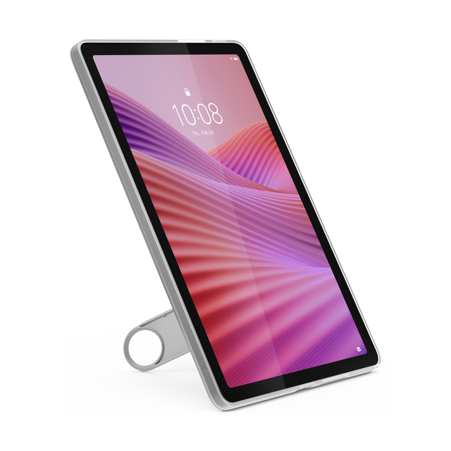Un tablet argentato con supporto, su sfondo bianco.