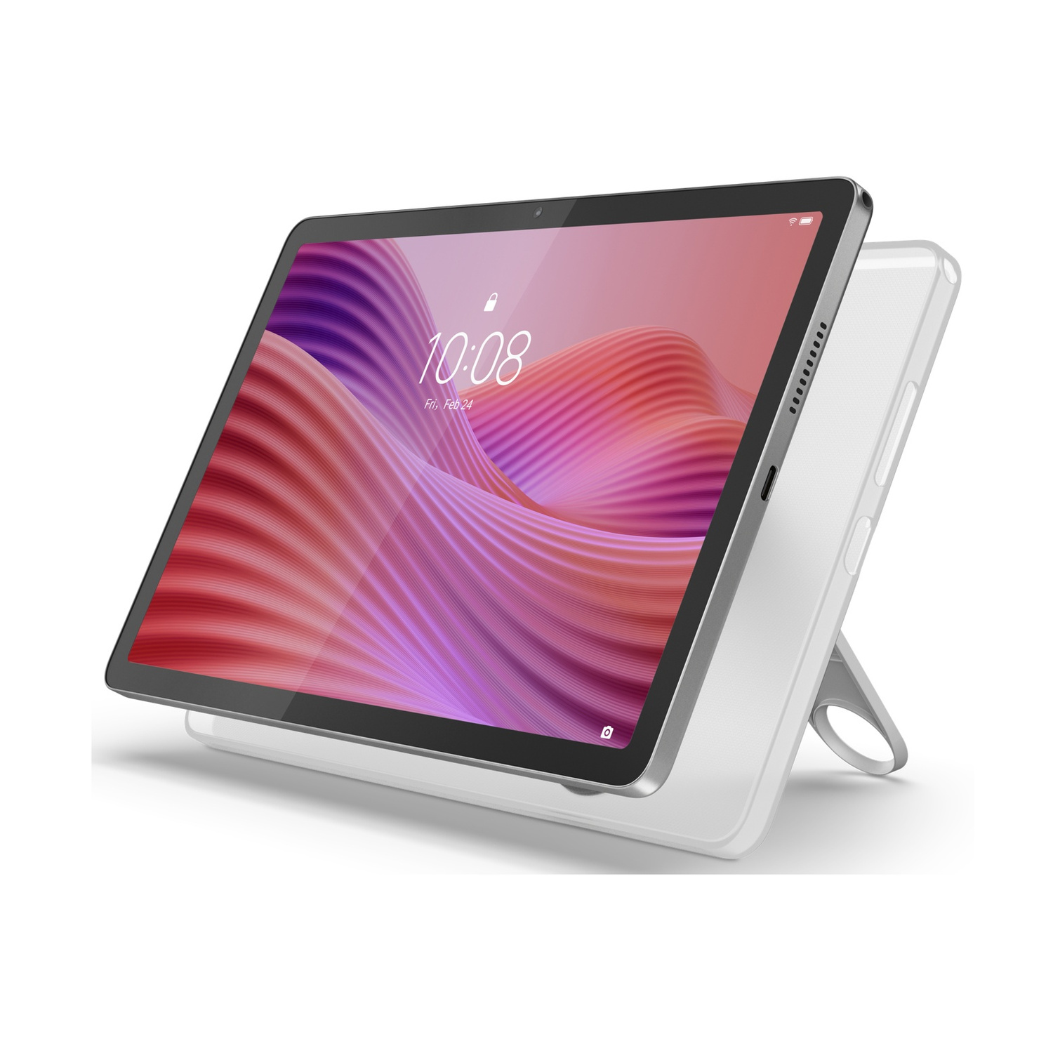 Un tablet argentato con sfondo colorato poggia su un supporto bianco.