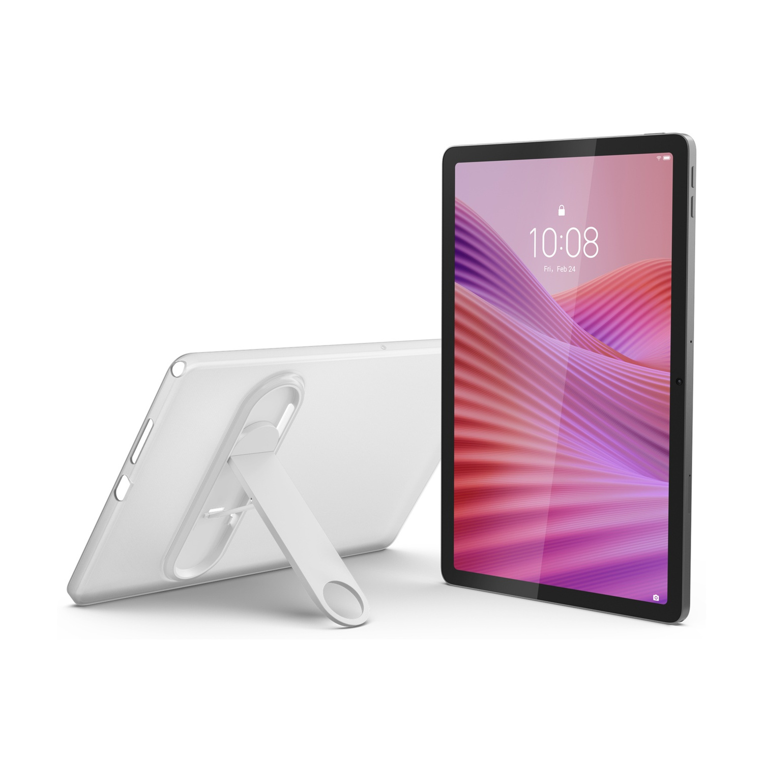 Un tablet con supporto e un altro tablet con sfondo colorato.