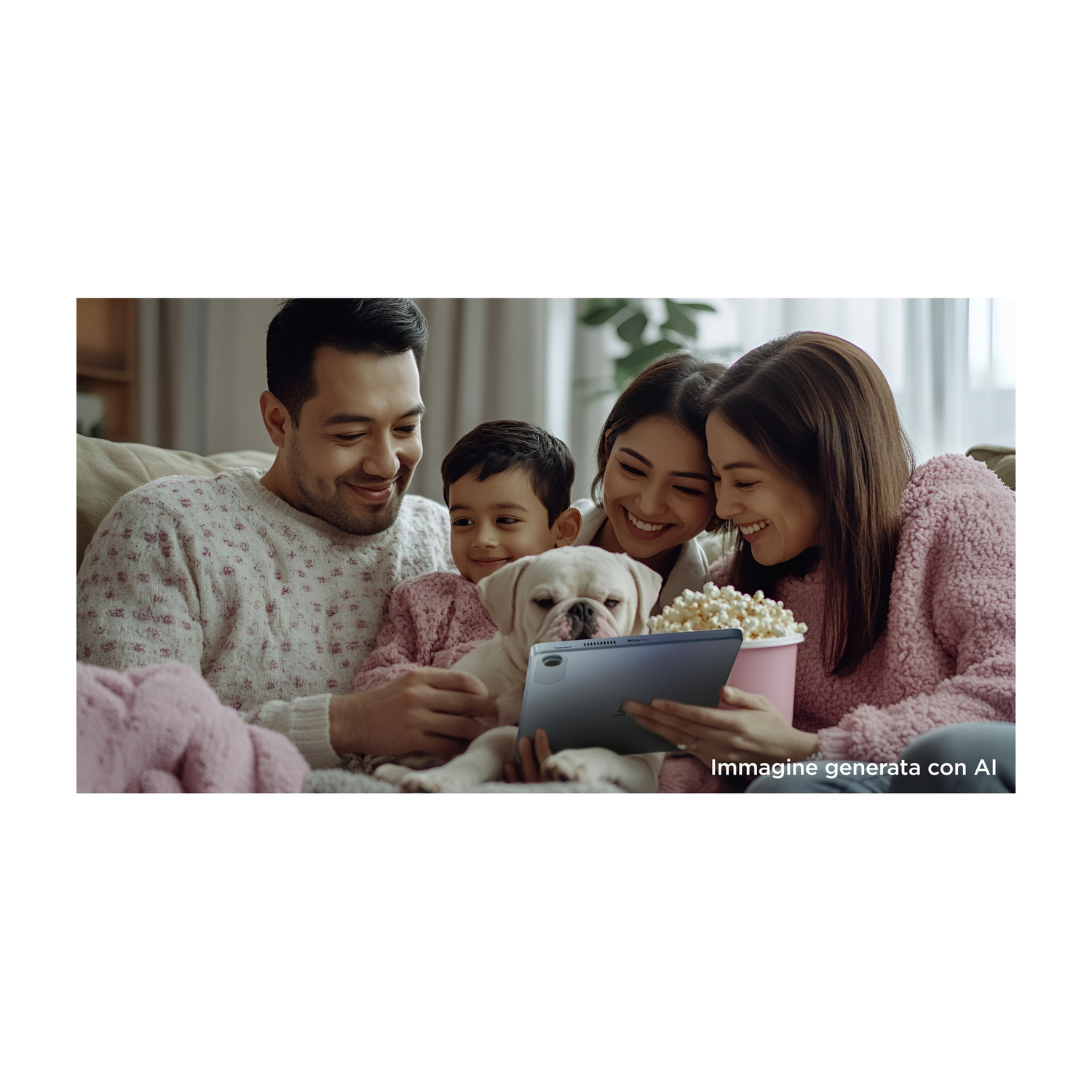 Famiglia guarda tablet, cane vicino, popcorn.
