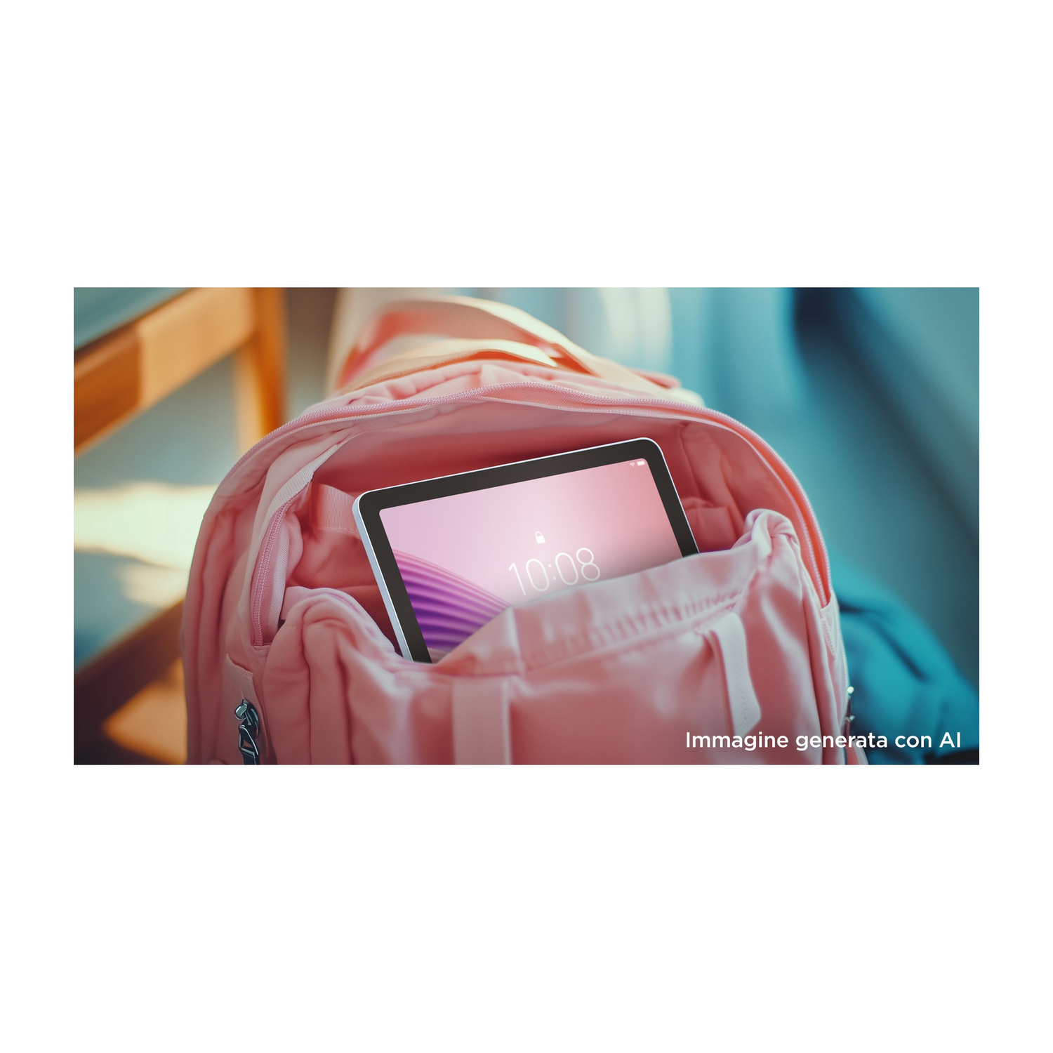Uno zaino rosa contiene un tablet che mostra le 10:08 e un'icona di lucchetto.