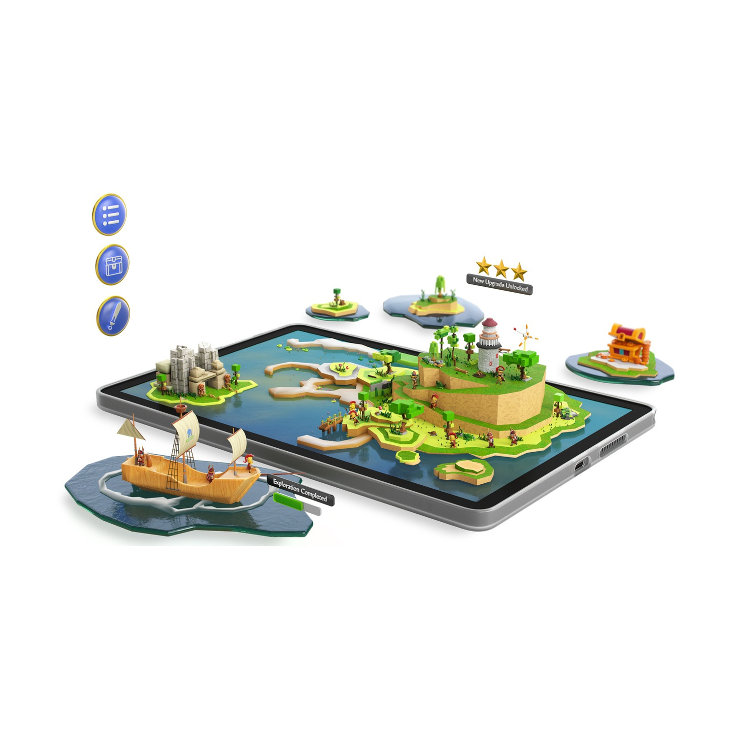 Tablet che mostra un gioco di isole 3D con nave, faro e edifici.