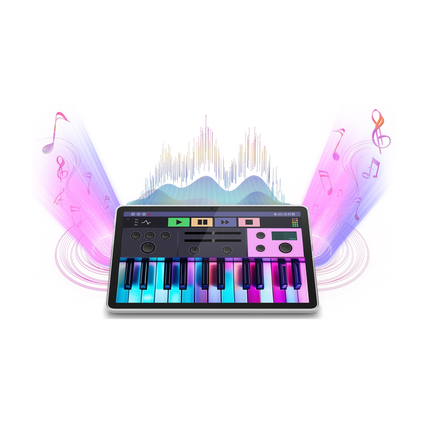 Un tablet che mostra una tastiera digitale con note musicali che emanano da un equalizzatore.
