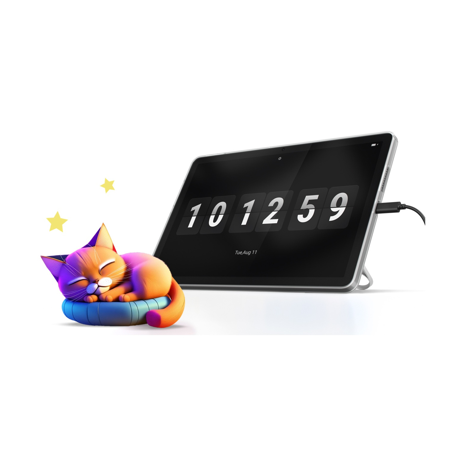 Un gatto colorato dorme su un cuscino blu accanto a un tablet che mostra 10:12:59.