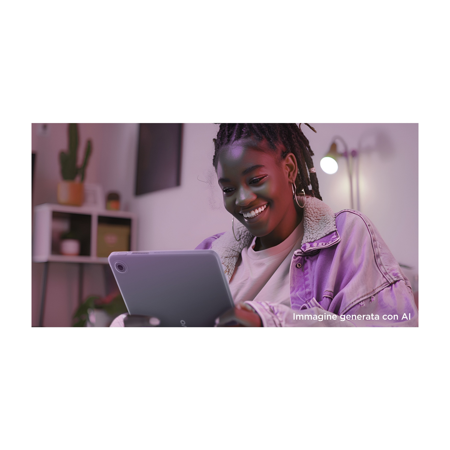 Una donna sorridente con dreadlocks guarda un tablet in una stanza accogliente.