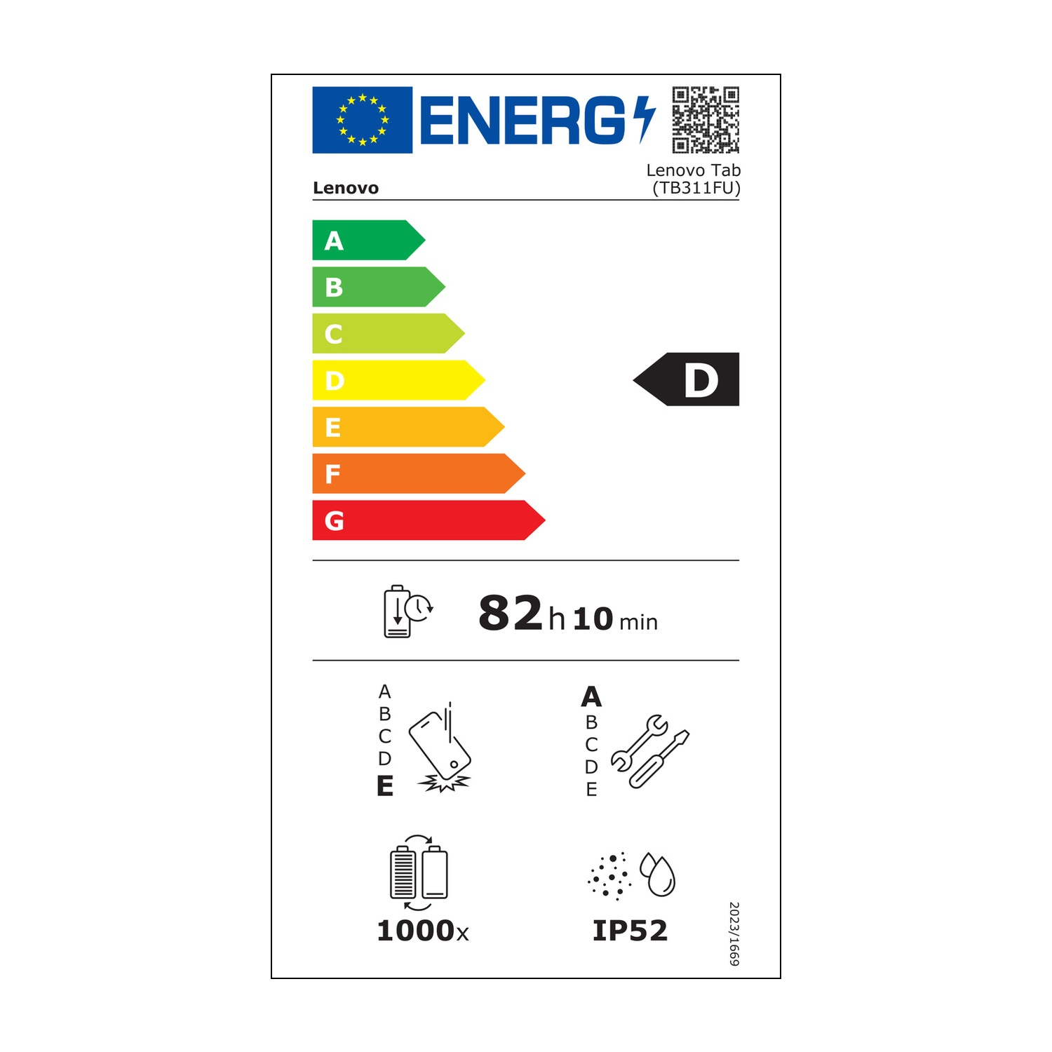Etichetta energetica Lenovo Tab (TB311FU) classe D.
