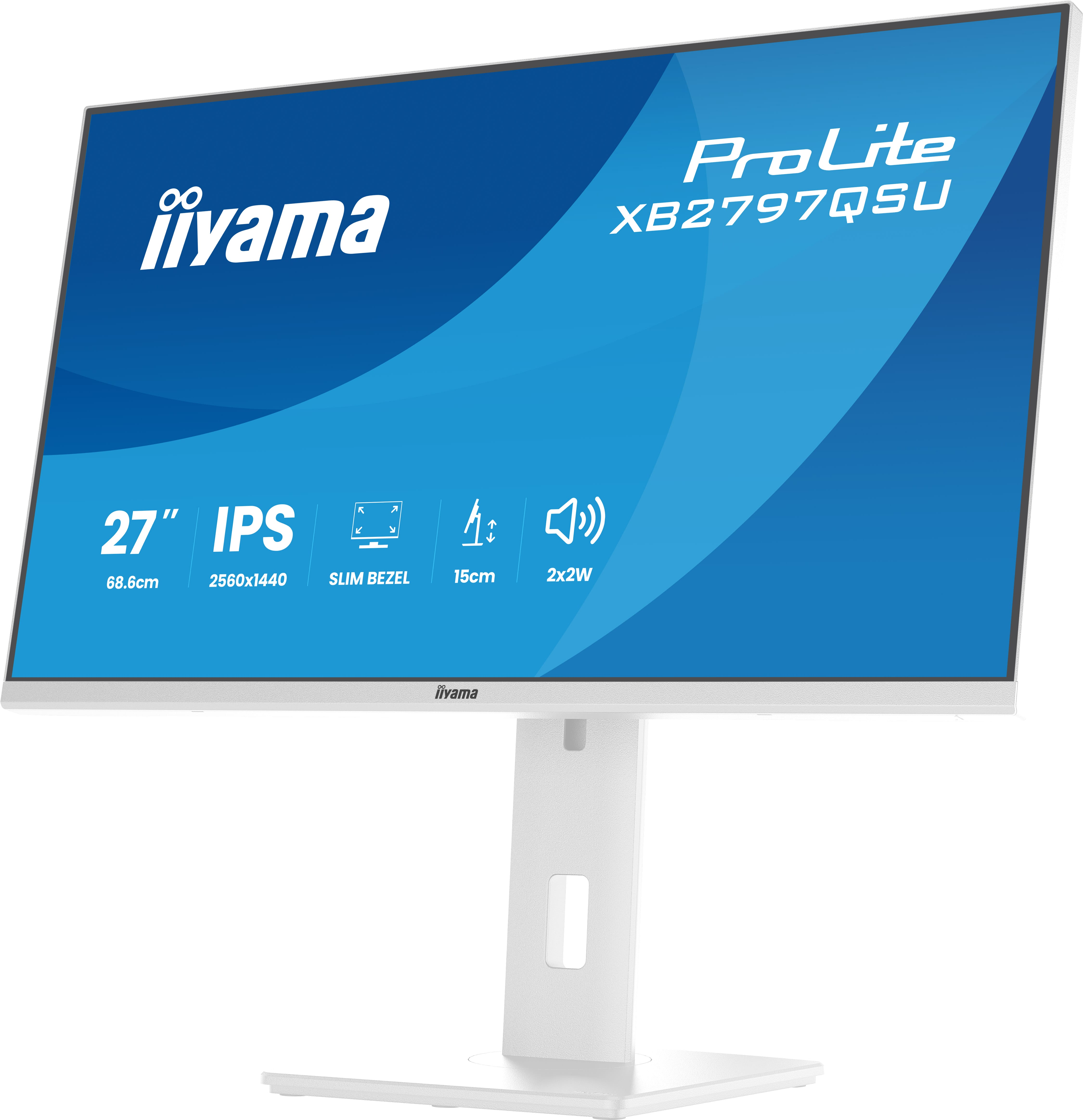 Ein weißer Monitor mit blauem Hintergrund und technischen Spezifikationen.