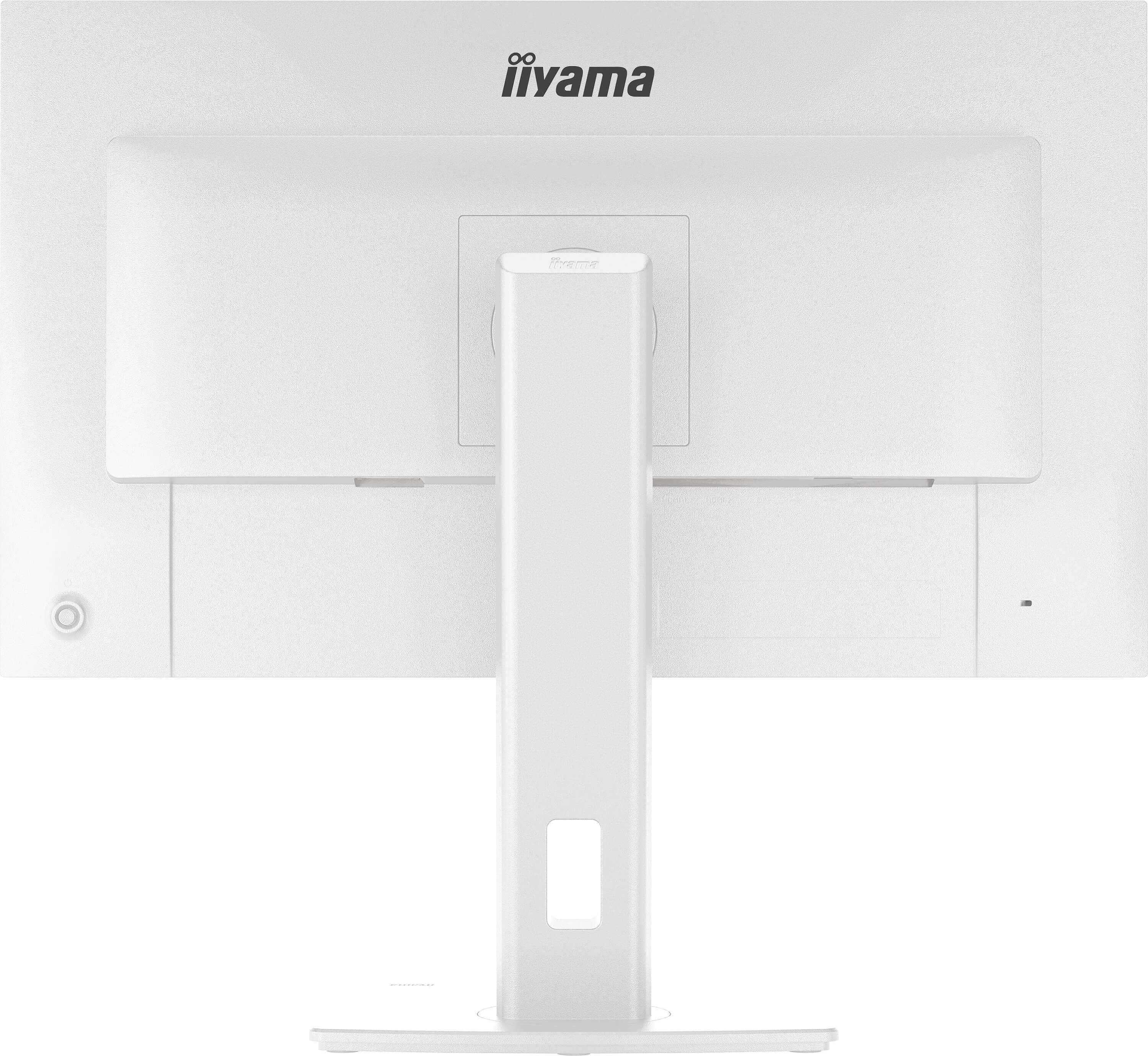 Rückseite eines weißen Monitors mit Iiyama-Logo und Standfuß.