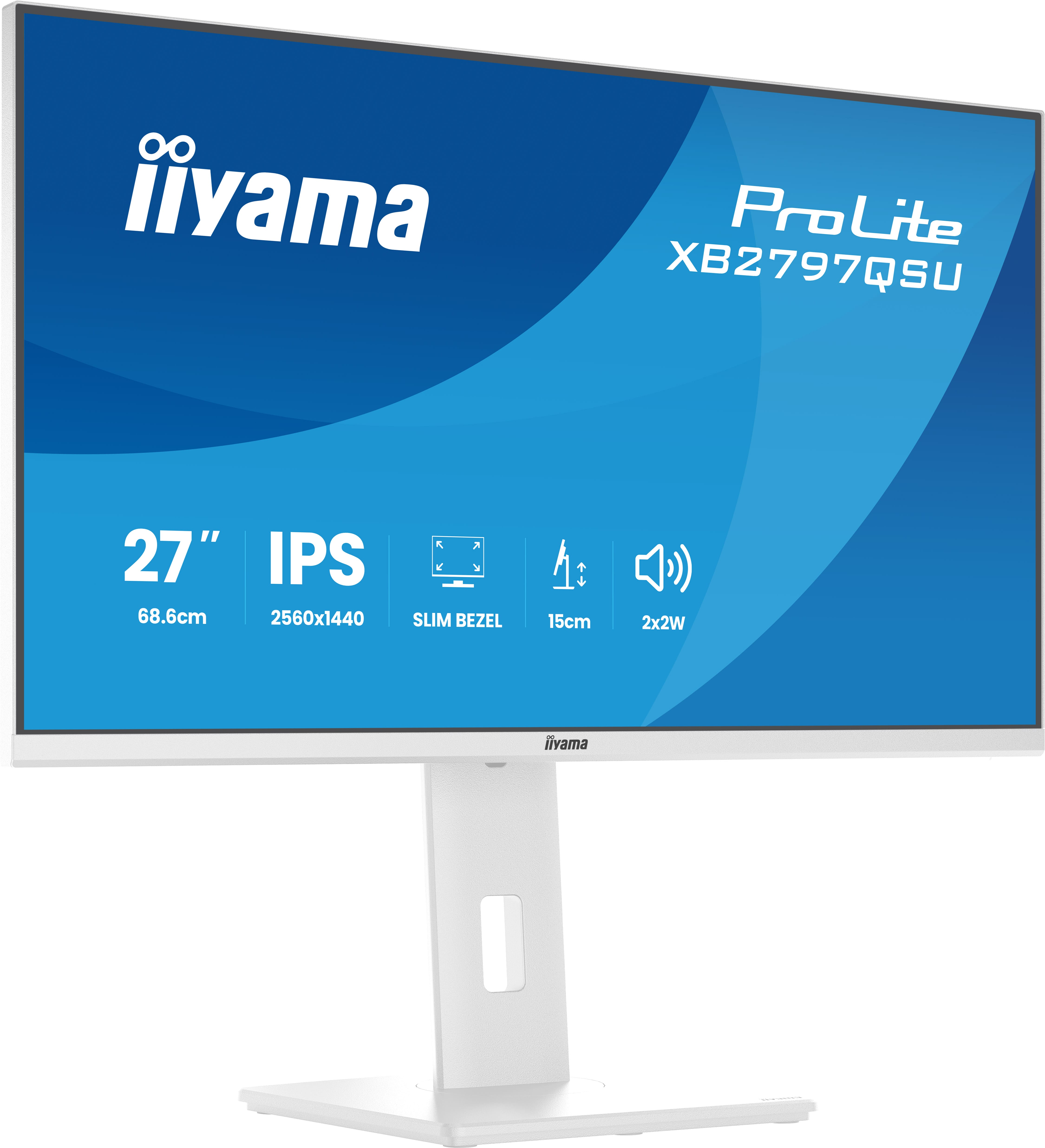 Ein weißer Iiyama ProLite Monitor mit 27 Zoll IPS-Display, 2560x1440 Auflösung.