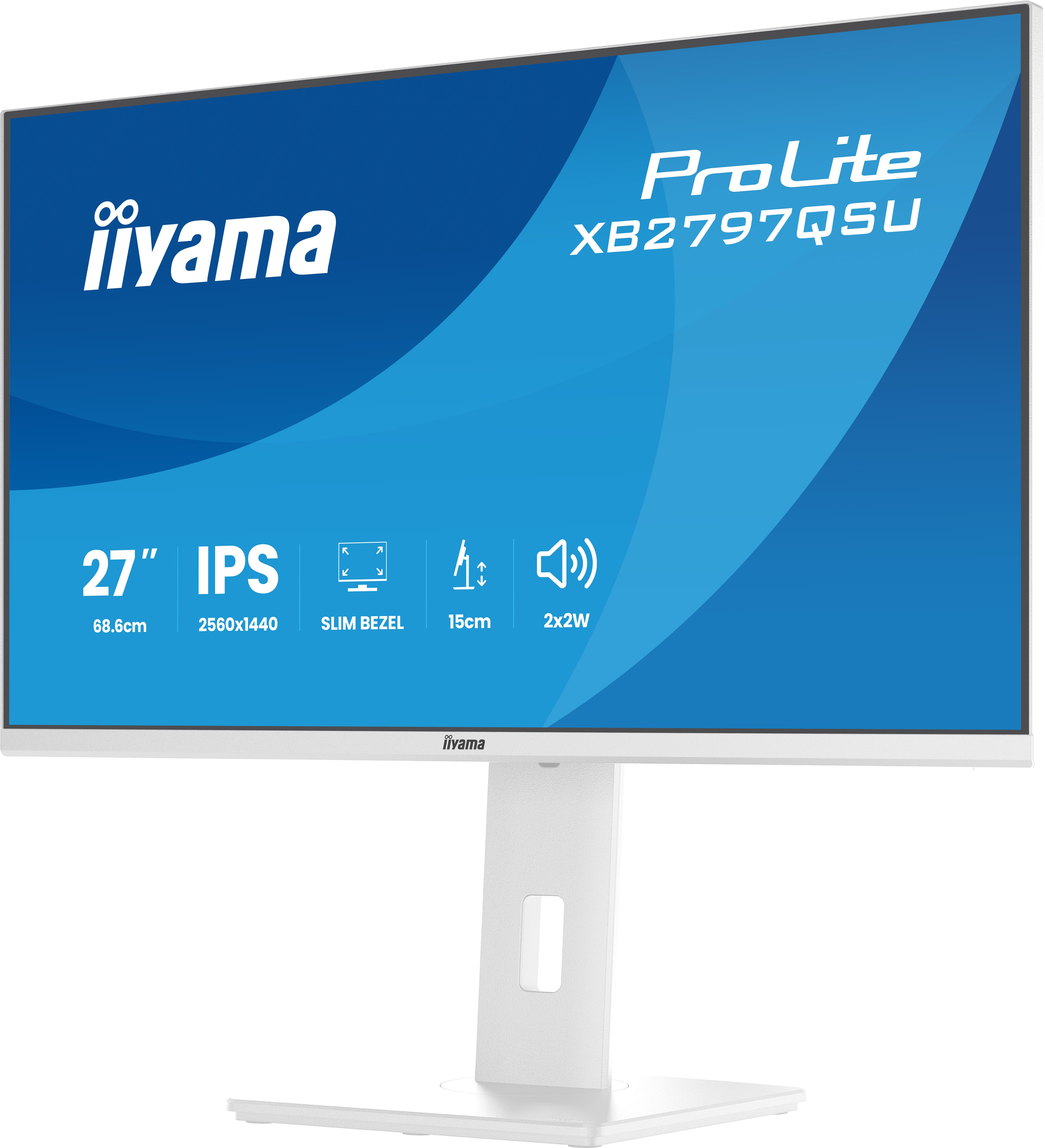Weißer Monitor mit iiyama Logo, 27" IPS, 2560x1440 Auflösung, schlanker Rahmen, 15cm Höhe, 2x2W Lautsprecher.