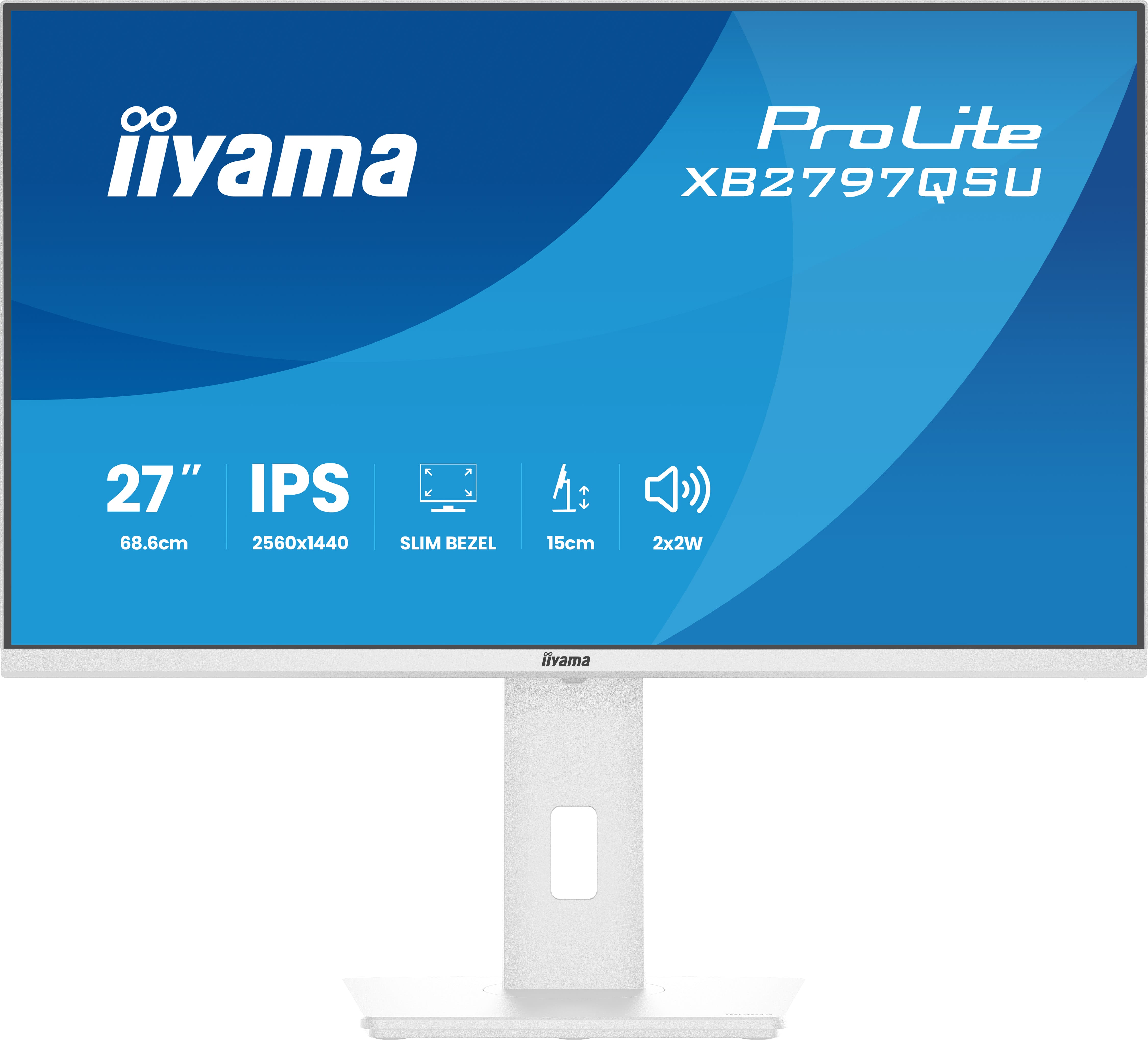 Ein weißer Monitor mit blauem Hintergrund. Spezifikationen werden angezeigt.