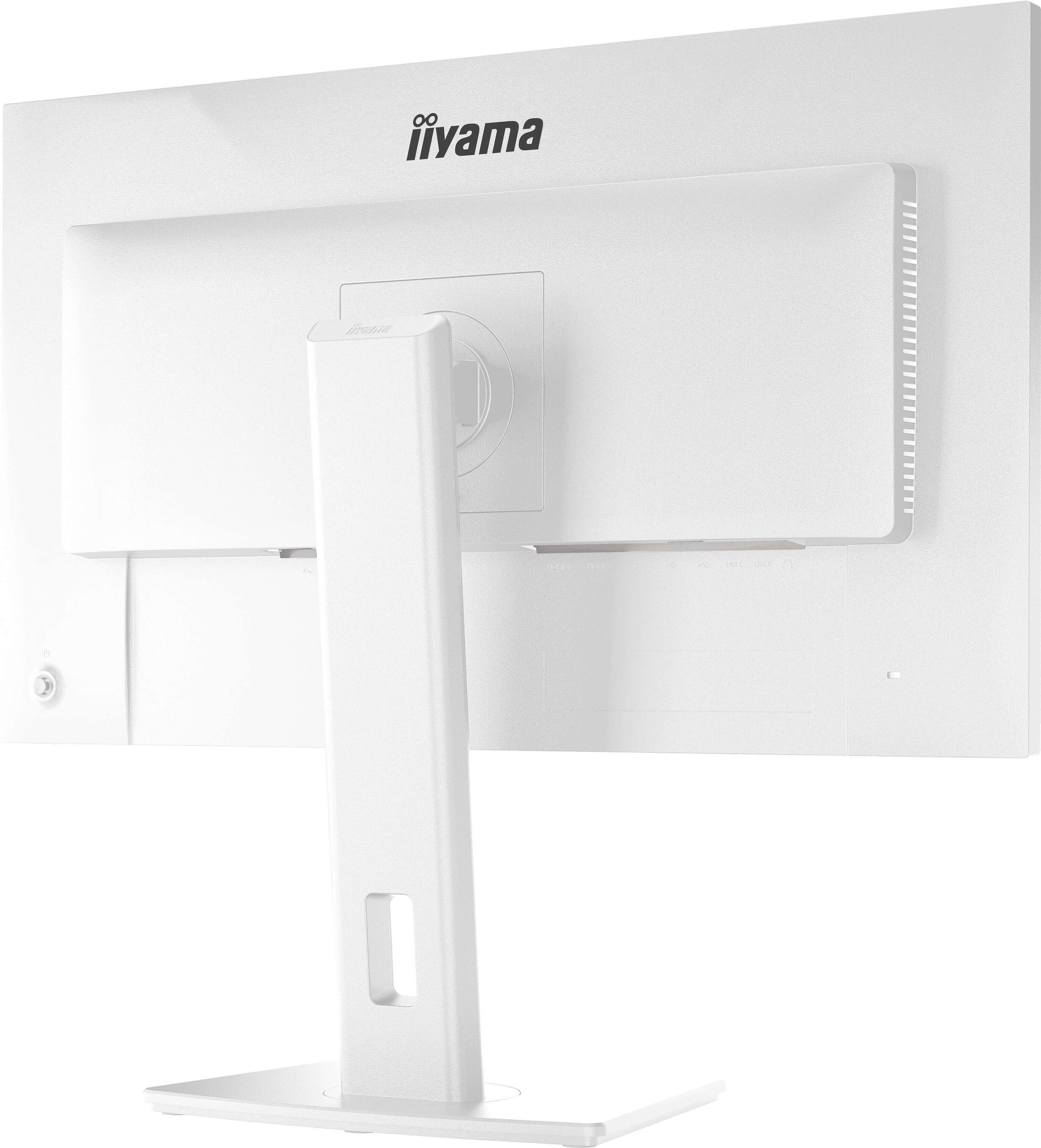 Rückseite eines weißen iiyama Monitors mit Standfuß und Anschlüssen.