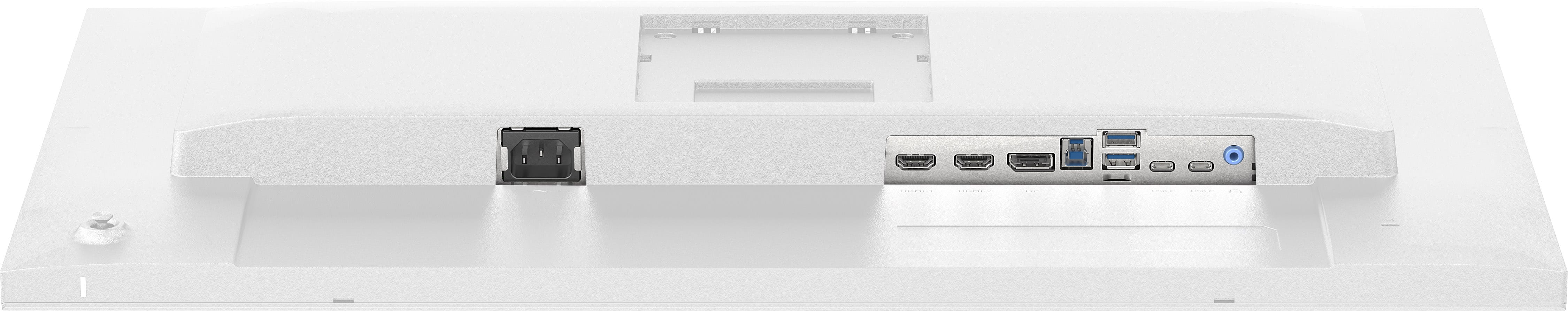 Rückseite eines weißen Monitors mit Anschlüssen wie HDMI, USB und Strom.