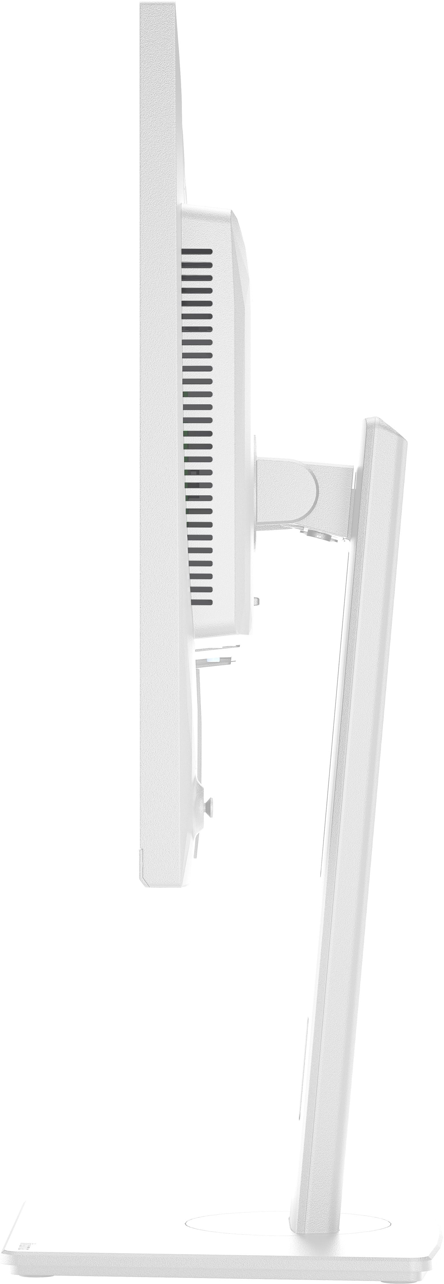 Ein weißer Monitor im Seitenprofil mit Lüftungsschlitzen und einem verstellbaren Arm.