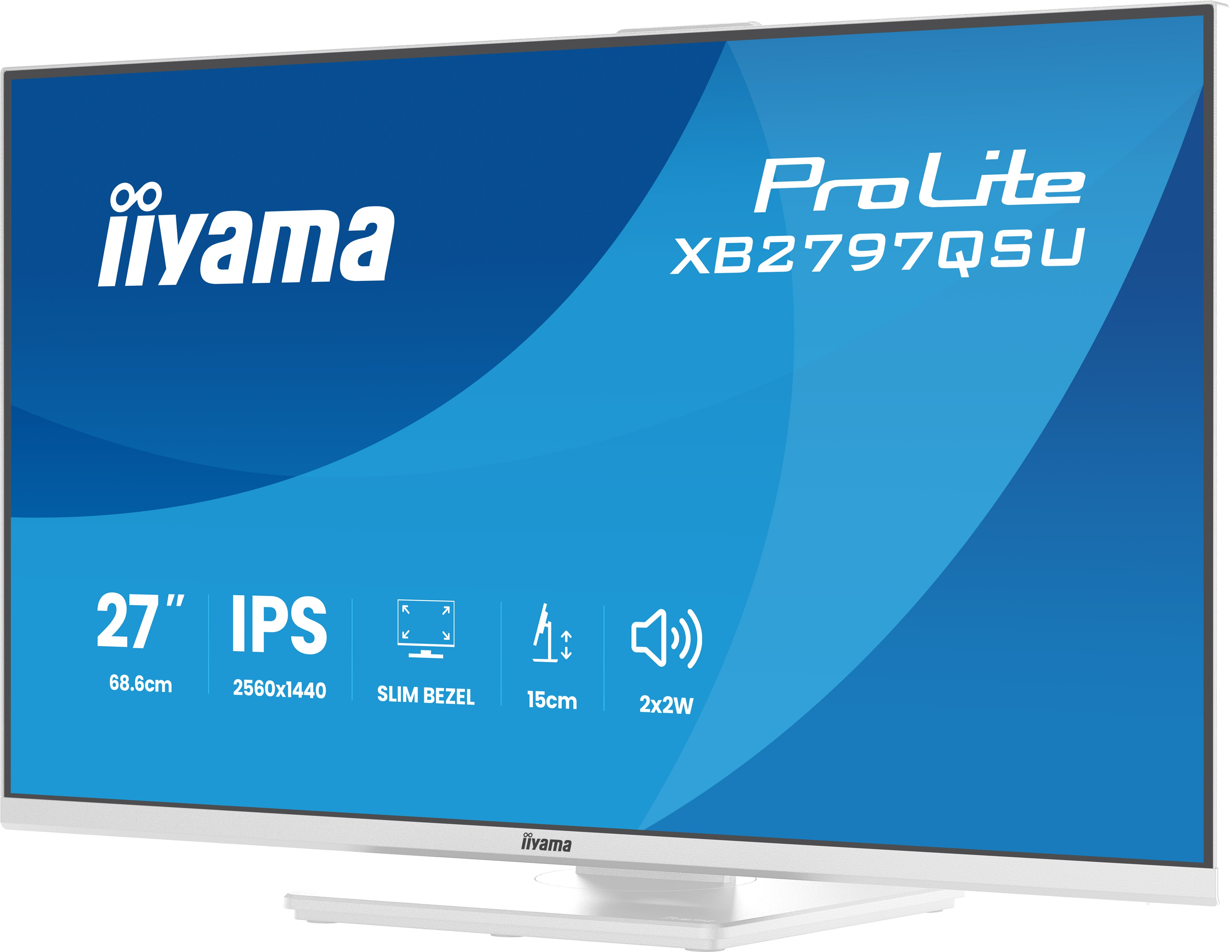 Ein weißer 27-Zoll-iiyama-Monitor mit blauem Hintergrund und Spezifikationen.