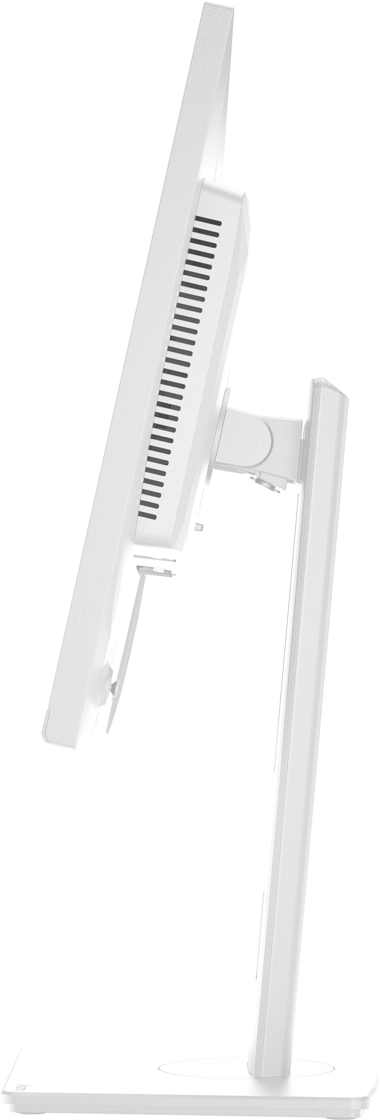 Weiße Computermonitor-Rückseite mit Lüftungsschlitzen und Ständer.