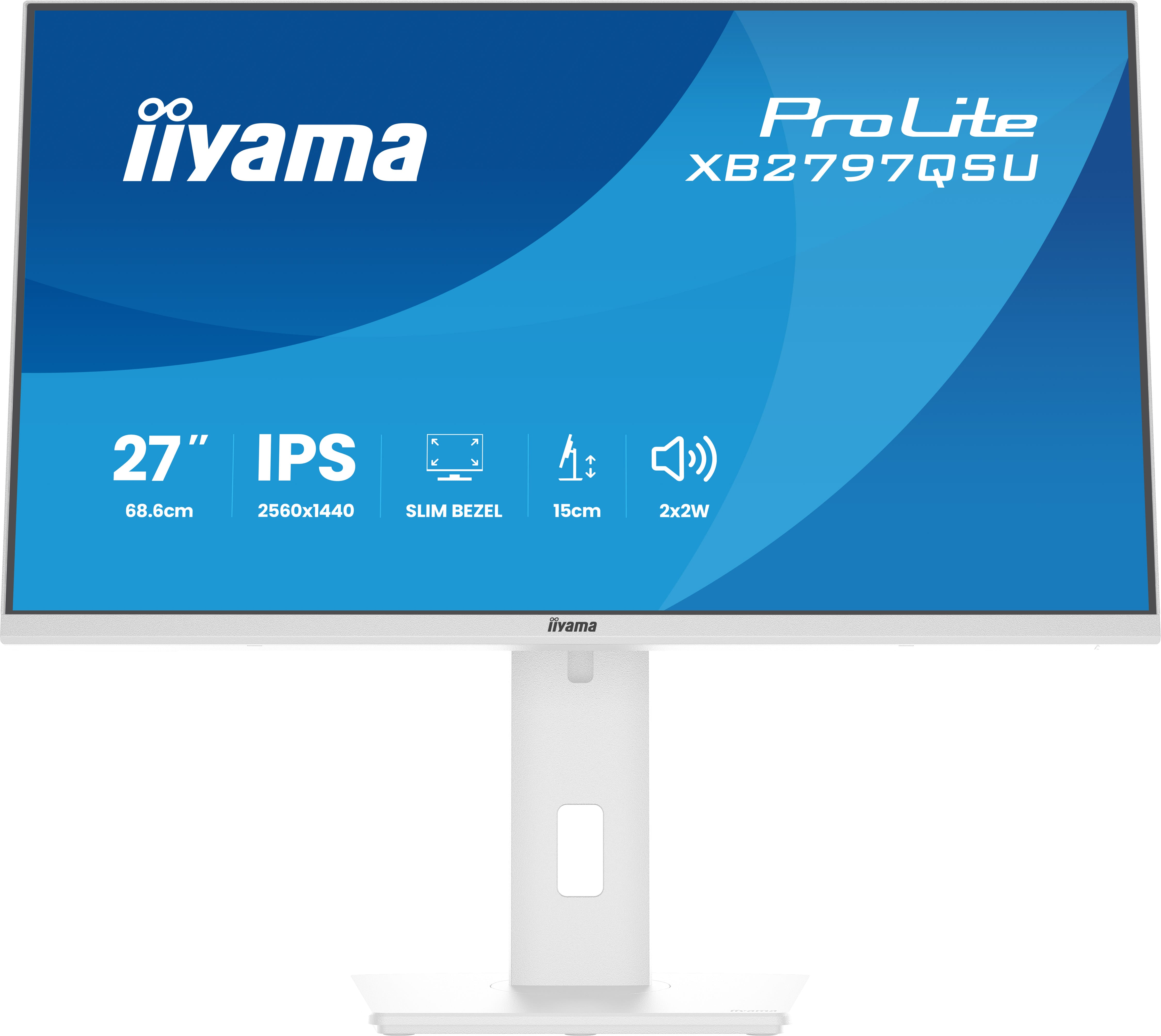 Weißer iiyama ProLite Monitor mit 27 Zoll, IPS-Panel, 2560x1440 Auflösung.