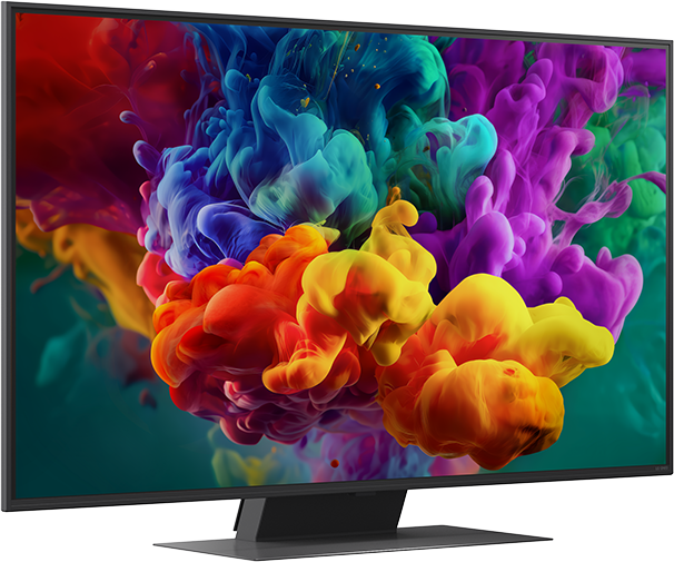 Egy modern monitor élénk piros, kék és sárga füstfelhőket jelenít meg.