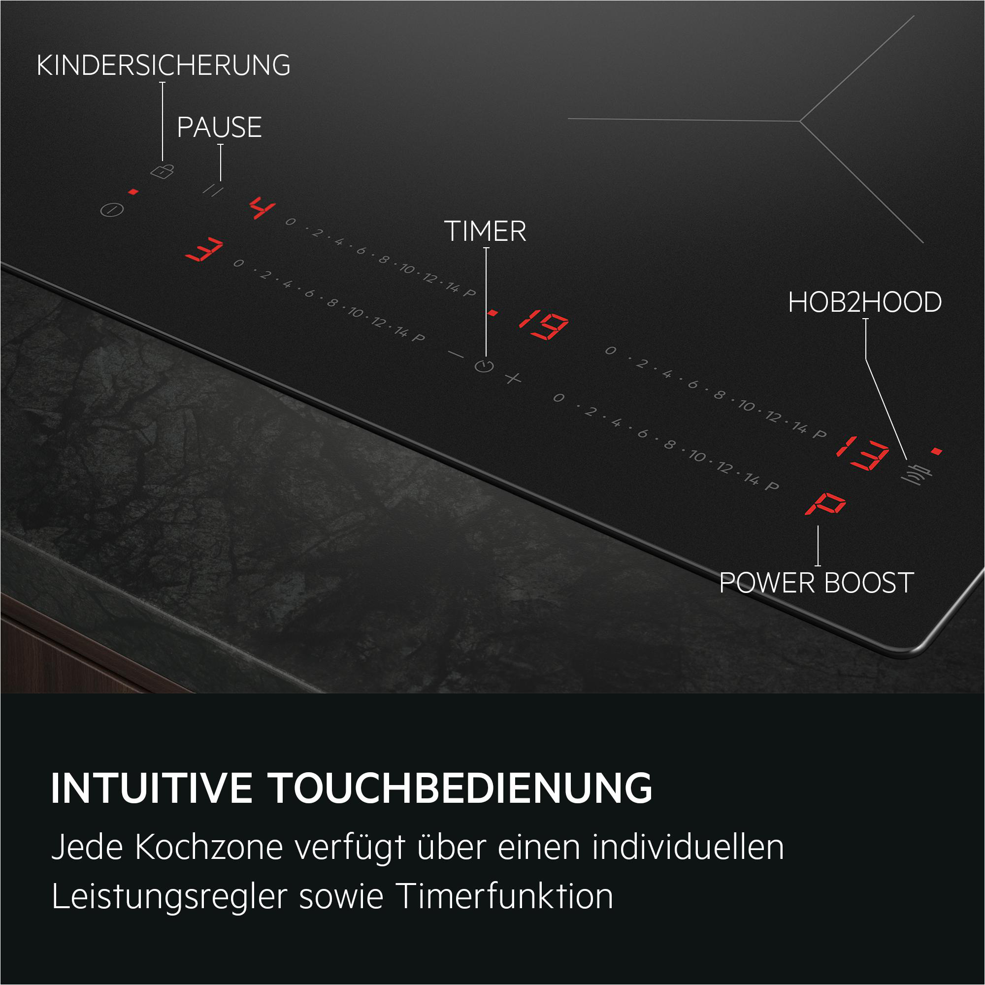 Ein schwarzes Kochfeld mit roten Ziffern für Timer und Leistung.
