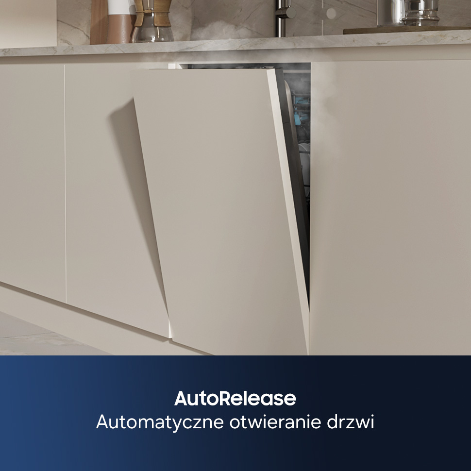 Drzwi zmywarki otwierają się automatycznie, by poprawić suszenie.