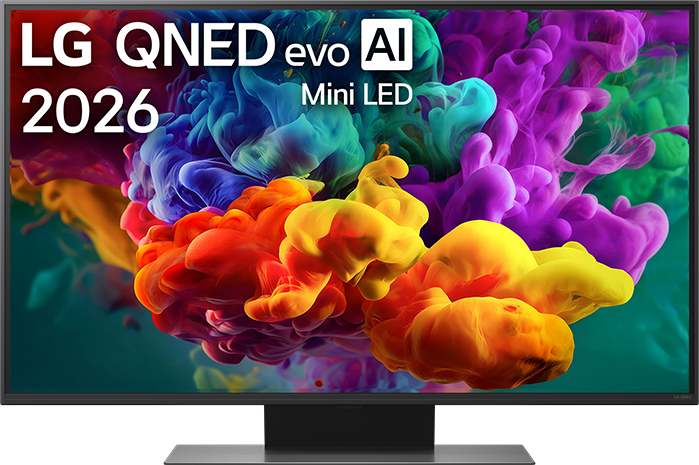 LG QNED evo AI 2026 Mini LED TV színes füstgrafikával.