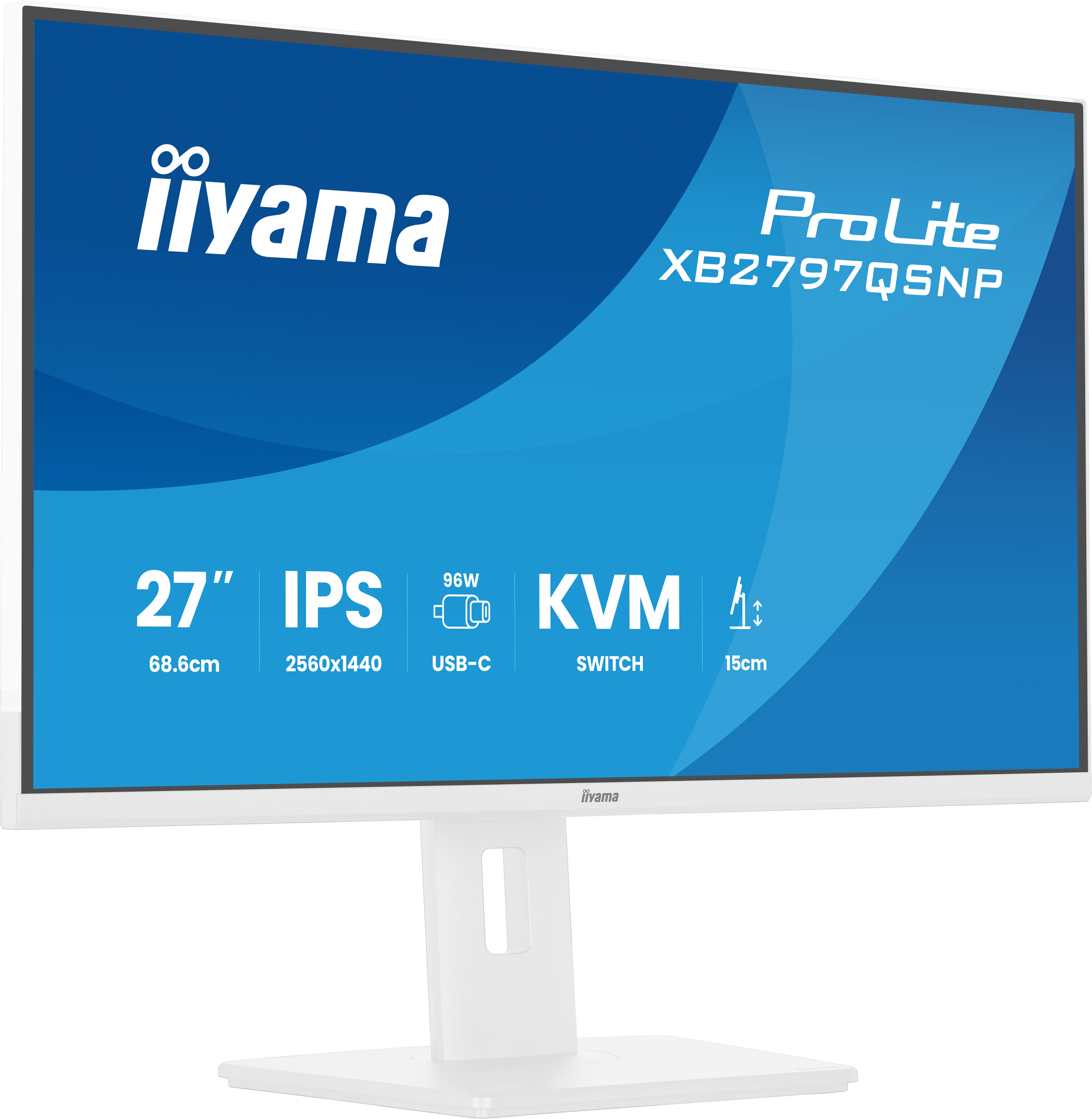Weißer Iiyama ProLite Monitor mit 27 Zoll, IPS, 2560x1440, USB-C, KVM-Switch.
